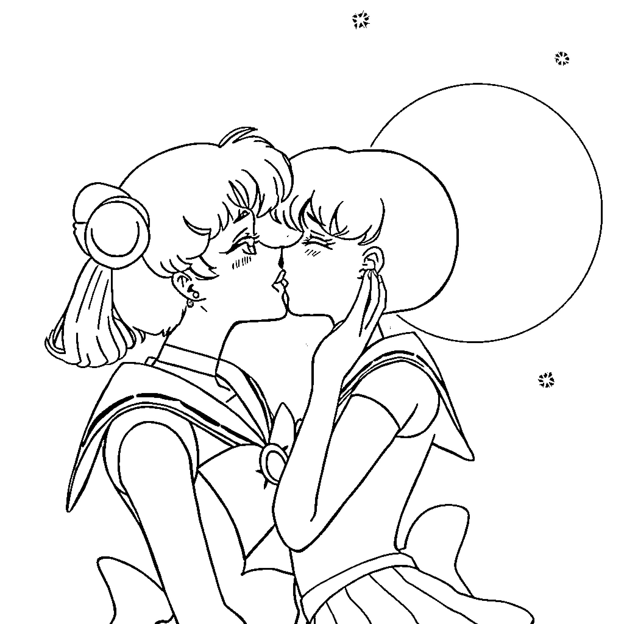 Sailormoon characters in romantic embrace Coloring Page (free black-and-white line drawing printable PDF for all, from beginners to advanced learners, including children, teens, adults, and seniors)