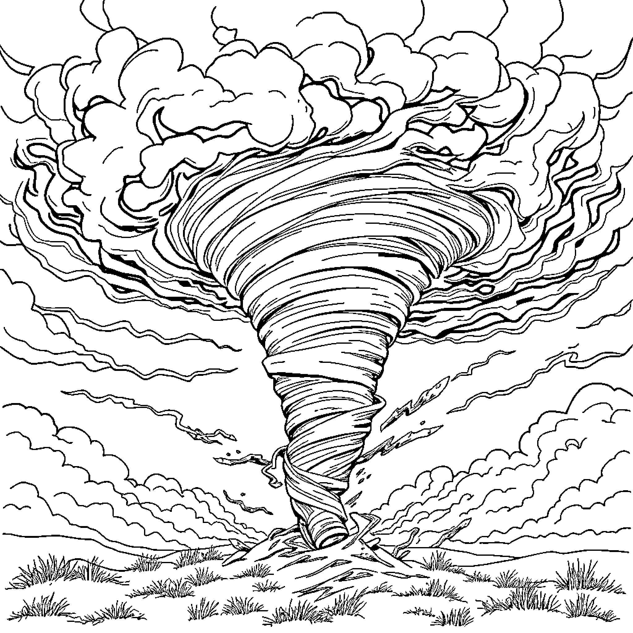 Tornado swirling through the turbulent sky Coloring Page (free black-and-white line drawing printable PDF for all, from beginners to advanced learners, including children, teens, adults, and seniors)