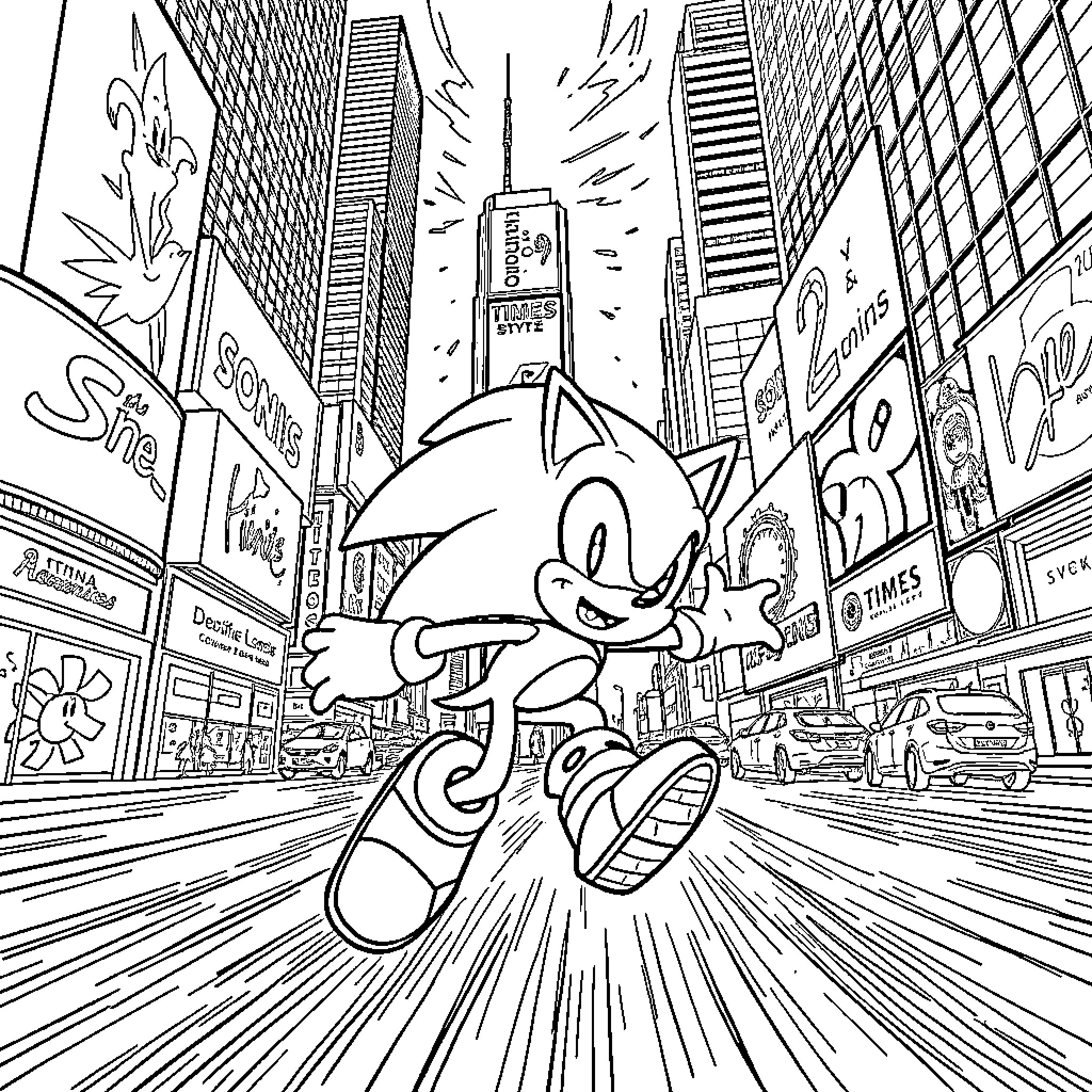 Sonic dashing through bustling city streets Coloring Page (free black-and-white line drawing printable PDF for all, from beginners to advanced learners, including children, teens, adults, and seniors)