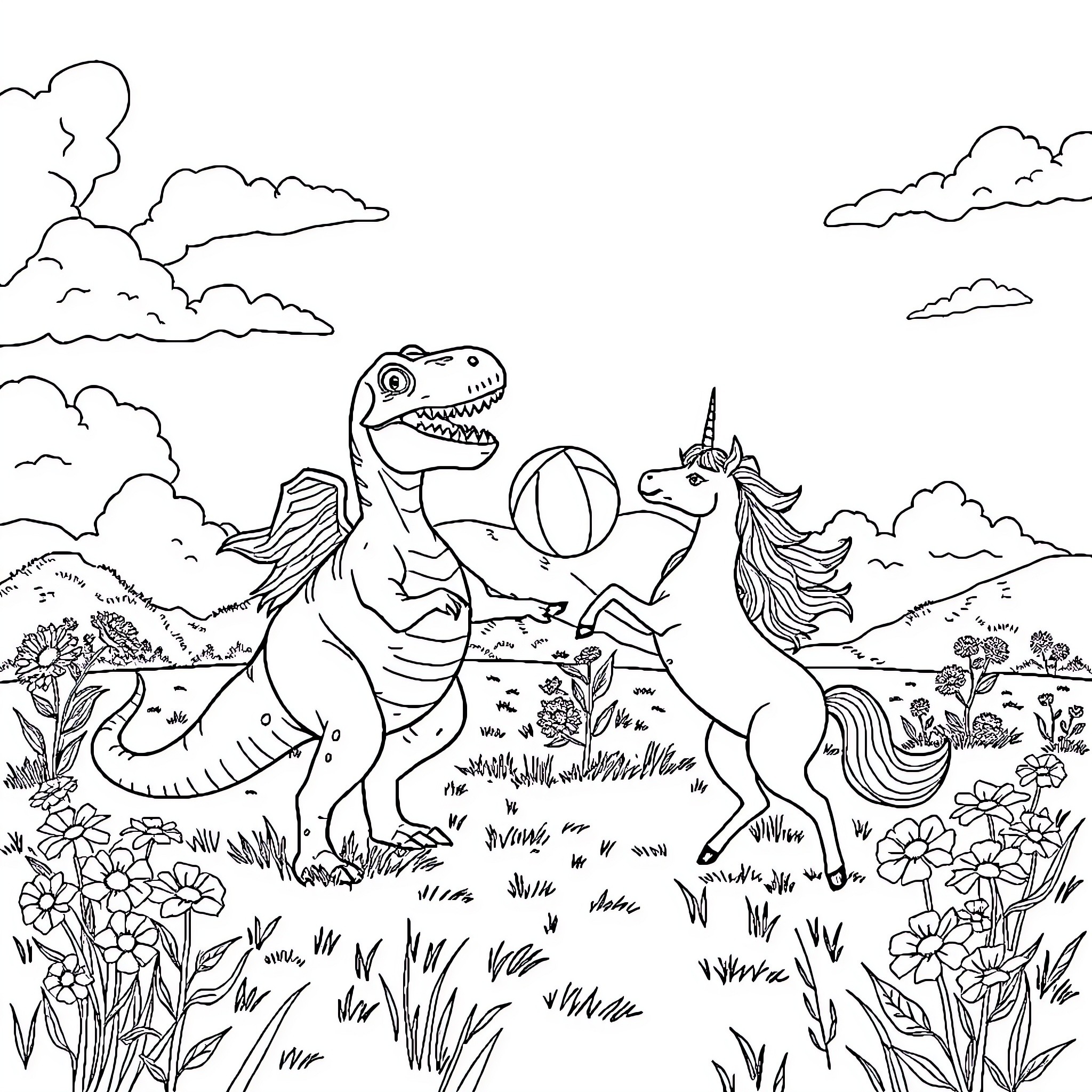 T-Rex playing with unicorn in meadow Coloring Page (free black-and-white line drawing printable PDF for all, from beginners to advanced learners, including children, teens, adults, and seniors)