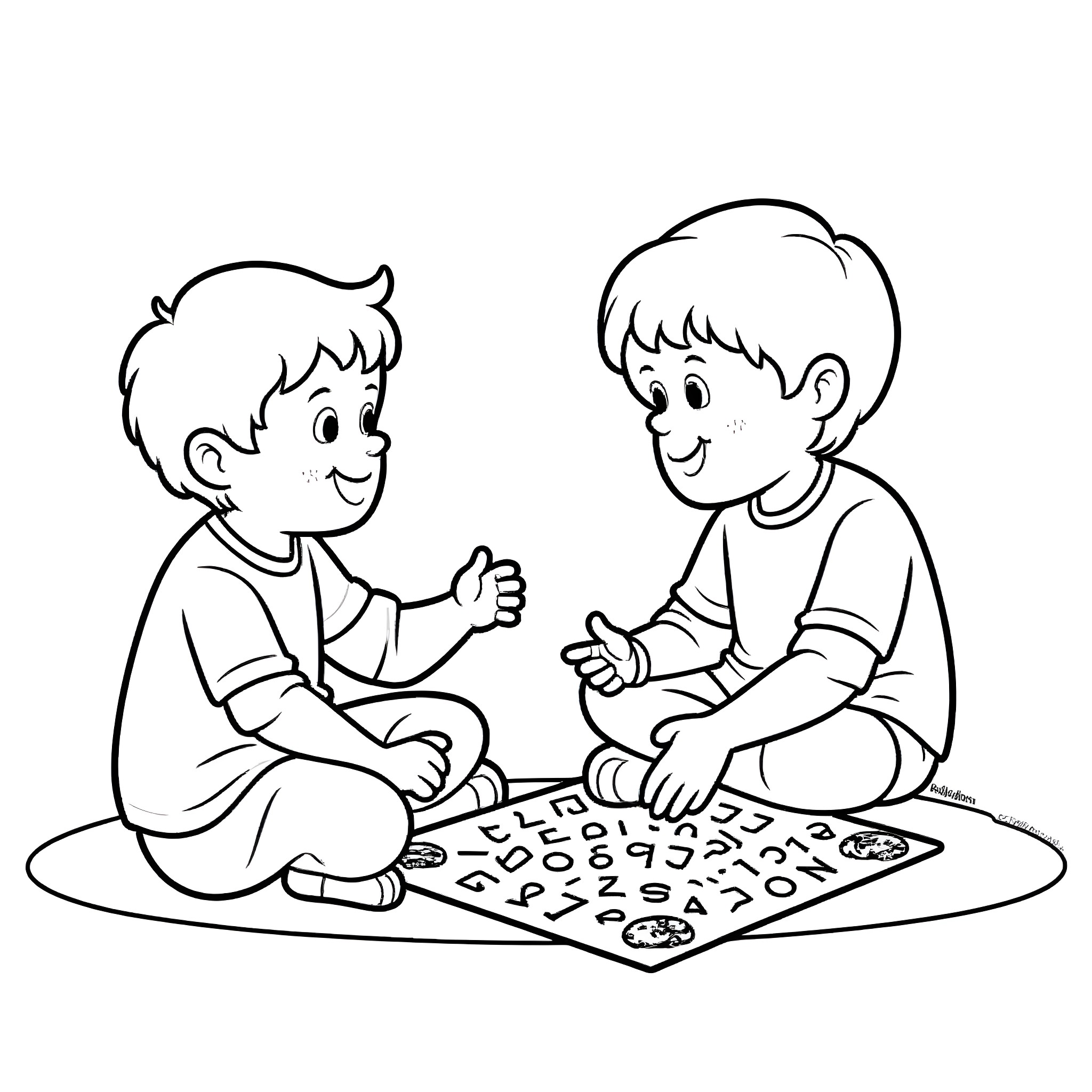 Children Playing with Learning Game on Floor Coloring Page (free black-and-white line drawing printable PDF for all, from beginners to advanced learners, including children, teens, adults, and seniors)