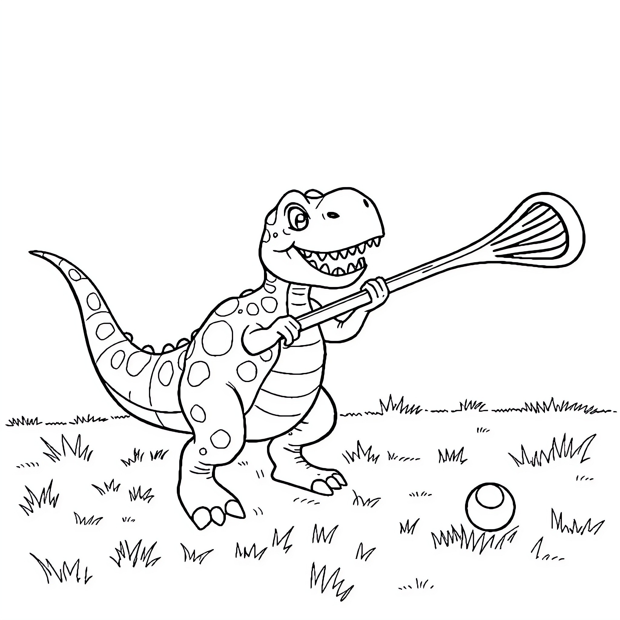 Dinosaur playing with a tennis racket in the grass Coloring Page (free black-and-white line drawing printable PDF for all, from beginners to advanced learners, including children, teens, adults, and seniors)