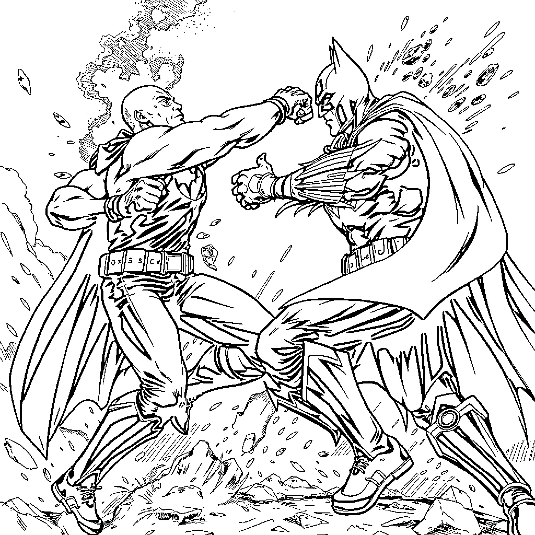 John Cena battling a fierce superhero adversary Coloring Page (free black-and-white line drawing printable PDF for all, from beginners to advanced learners, including children, teens, adults, and seniors)