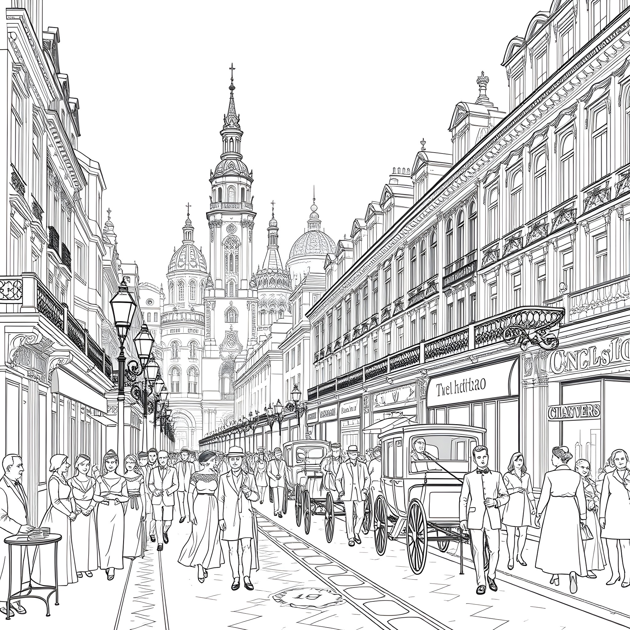 Victorian Age Bustling Street Scene with Historic Buildings Coloring Page (free black-and-white line drawing printable PDF for all, from beginners to advanced learners, including children, teens, adults, and seniors)
