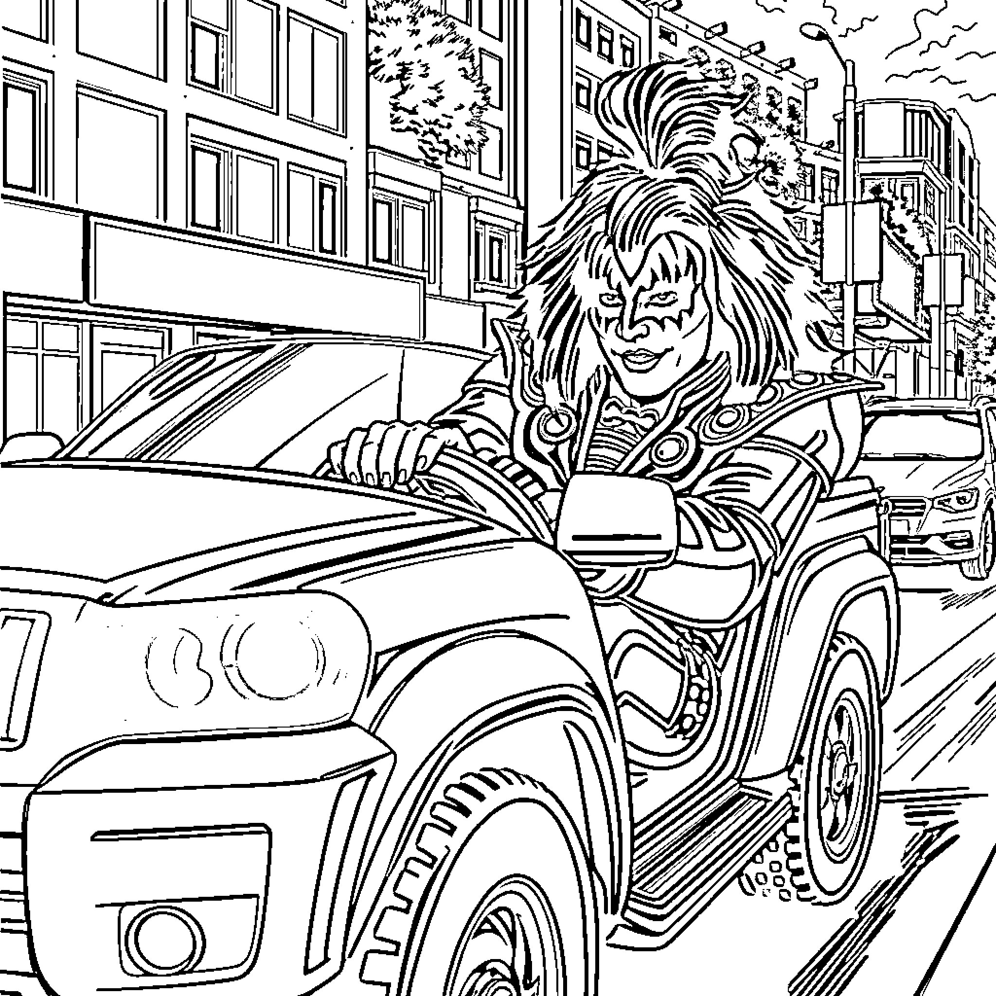 Gene Simmons Driving Flashy Vehicle Through Cityscape Coloring Page (free black-and-white line drawing printable PDF for all, from beginners to advanced learners, including children, teens, adults, and seniors)