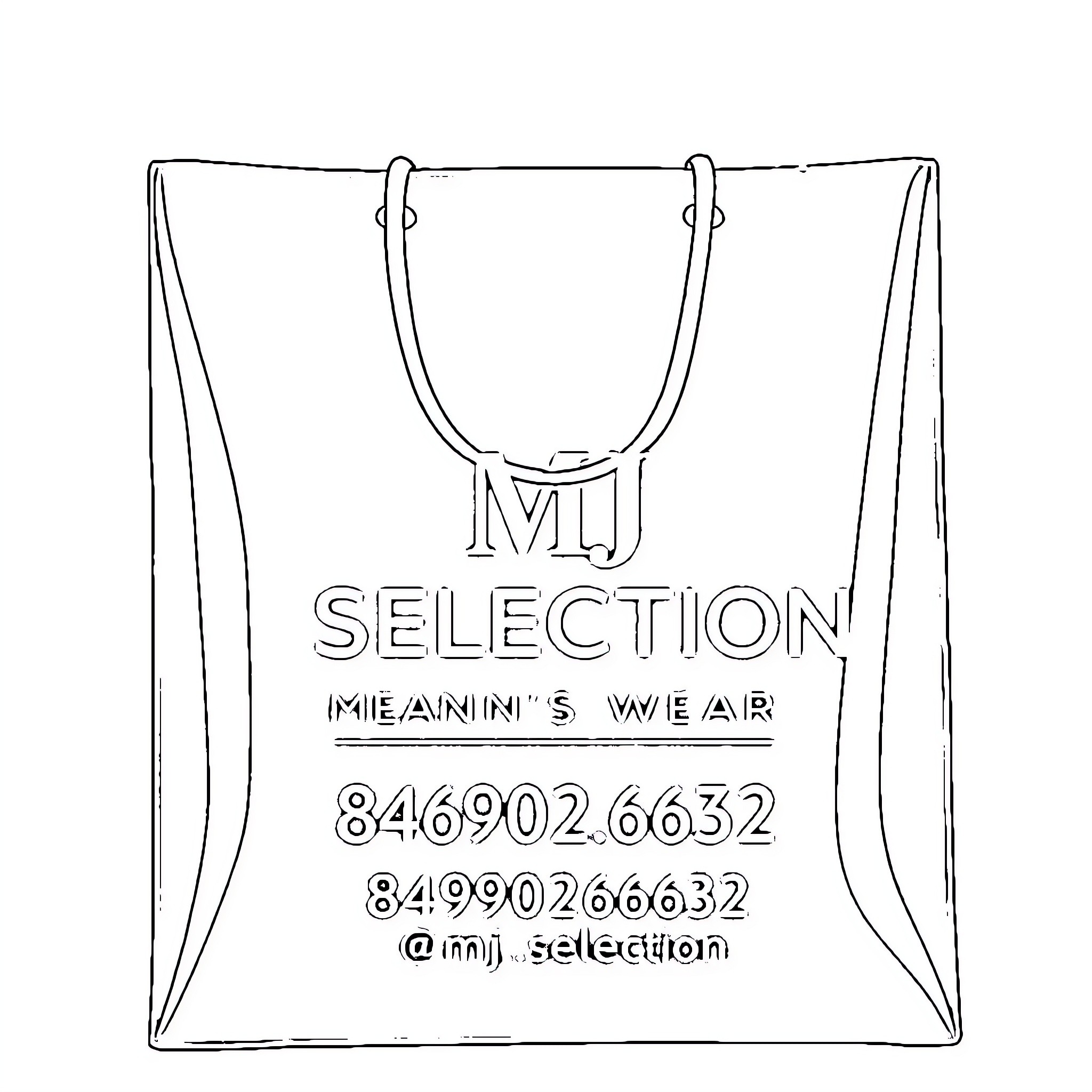 Bag featuring contact information for MJ Selection men's wear Coloring Page (free black-and-white line drawing printable PDF for all, from beginners to advanced learners, including children, teens, adults, and seniors)