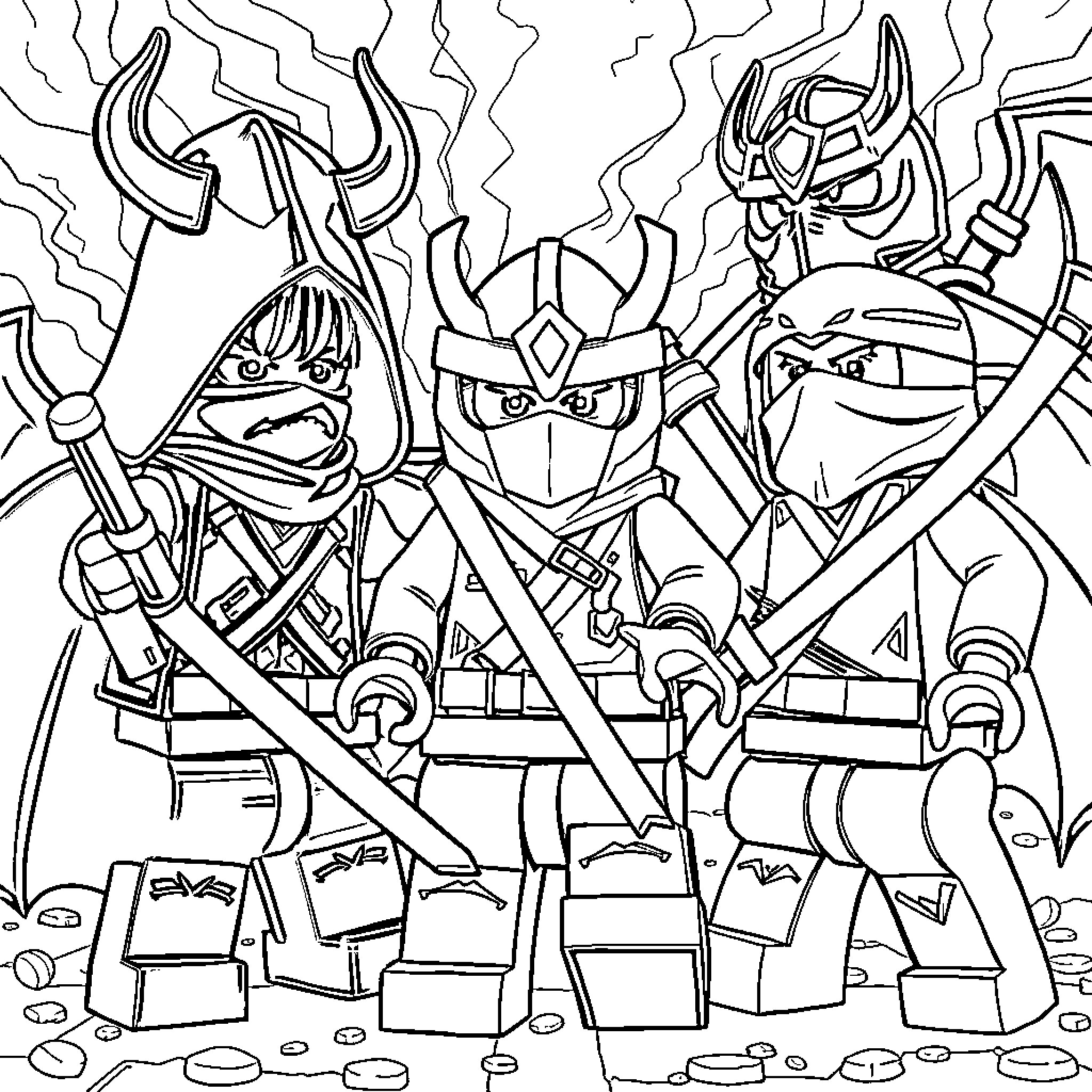 Demon Hunter Warriors in Epic Battle Coloring Page (free black-and-white line drawing printable PDF for all, from beginners to advanced learners, including children, teens, adults, and seniors)