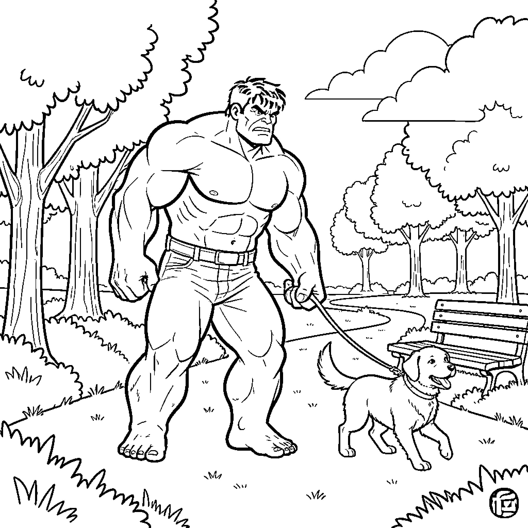Hulk walking a small dog in the park Coloring Page (free black-and-white line drawing printable PDF for all, from beginners to advanced learners, including children, teens, adults, and seniors)