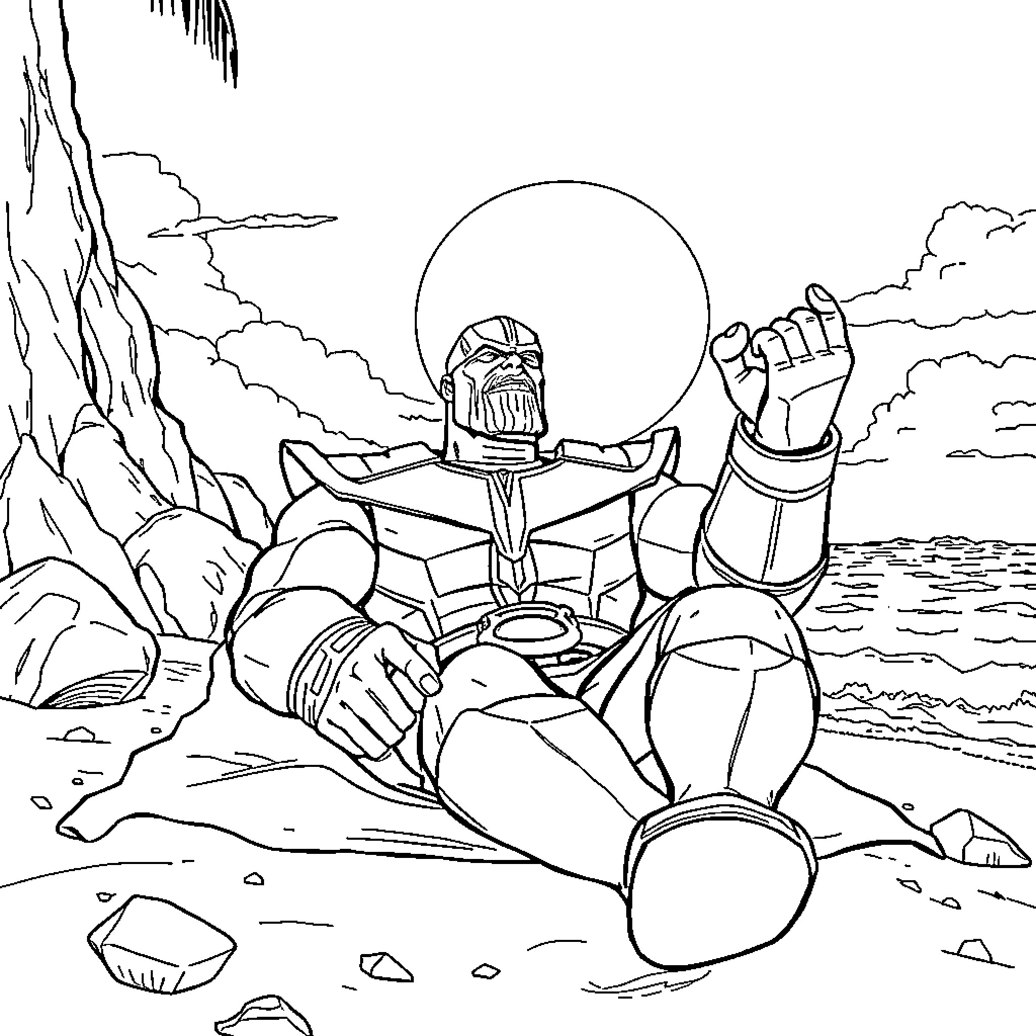 Thanos triumphant in the barren wasteland Coloring Page (free black-and-white line drawing printable PDF for all, from beginners to advanced learners, including children, teens, adults, and seniors)
