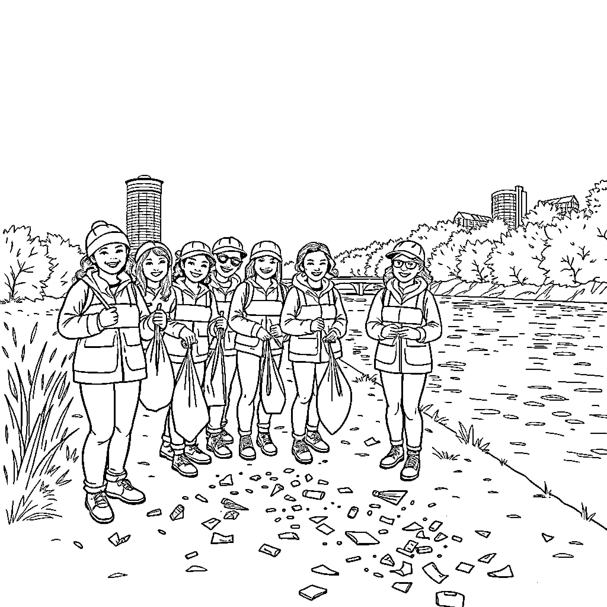 Volunteer group cleaning up litter in the park Coloring Page (free black-and-white line drawing printable PDF for all, from beginners to advanced learners, including children, teens, adults, and seniors)