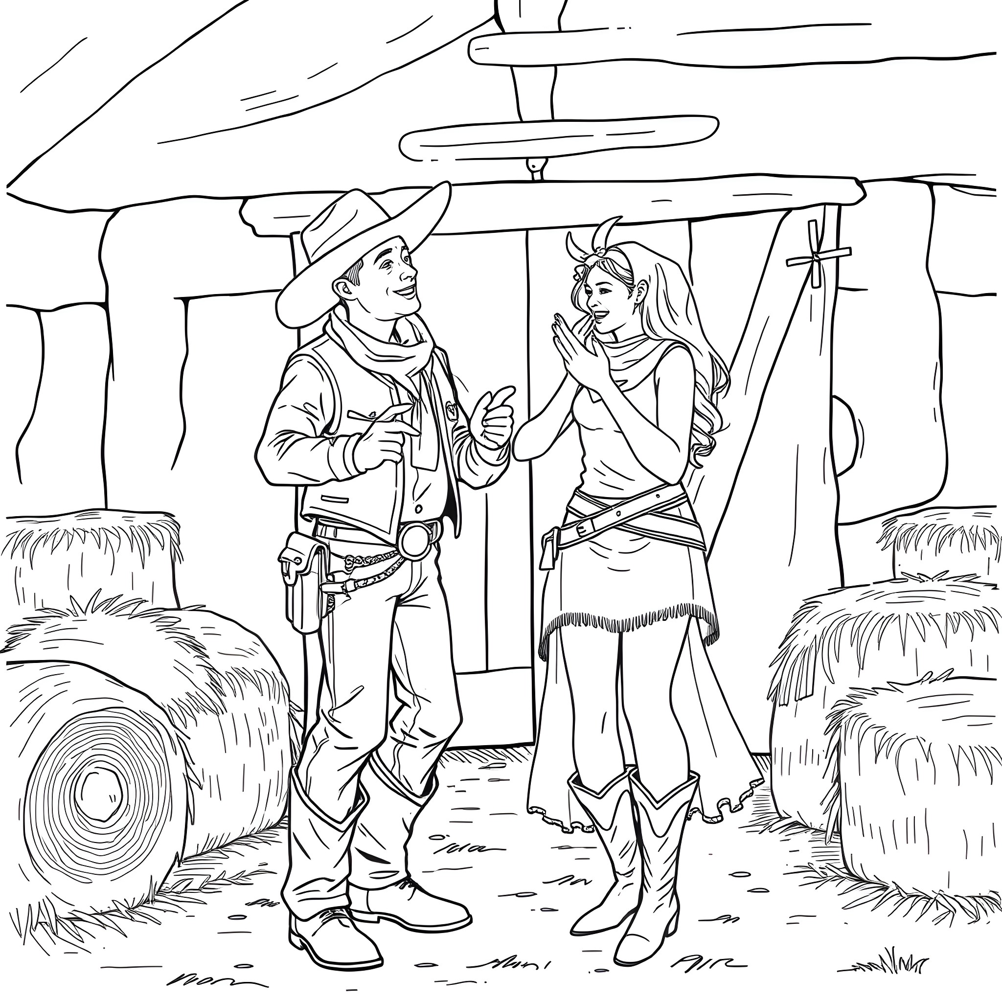 Cowboy Couple Conversing in a Country Setting Coloring Page (free black-and-white line drawing printable PDF for all, from beginners to advanced learners, including children, teens, adults, and seniors)