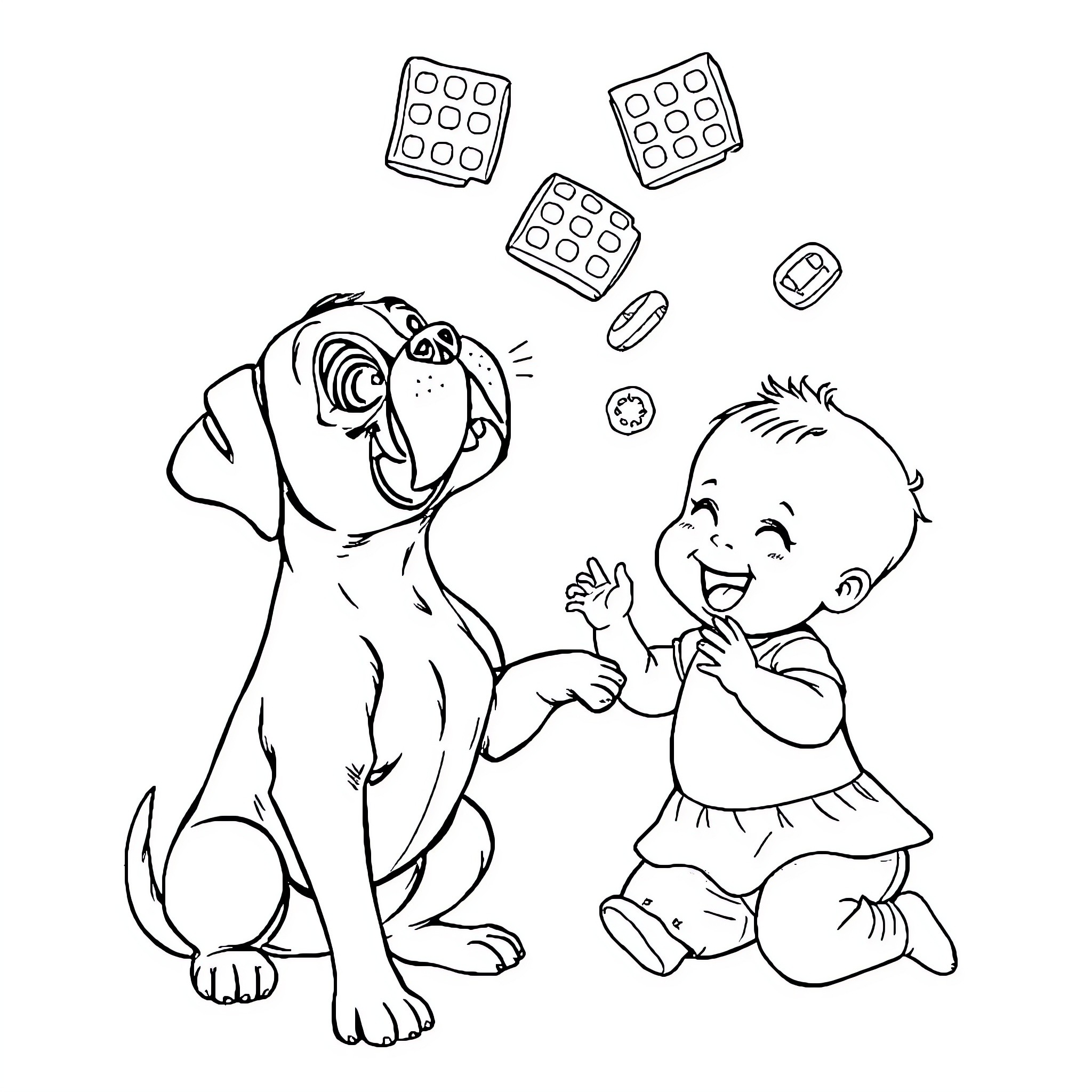 Boxer dog playing with baby in coloring page Coloring Page (free black-and-white line drawing printable PDF for all, from beginners to advanced learners, including children, teens, adults, and seniors)