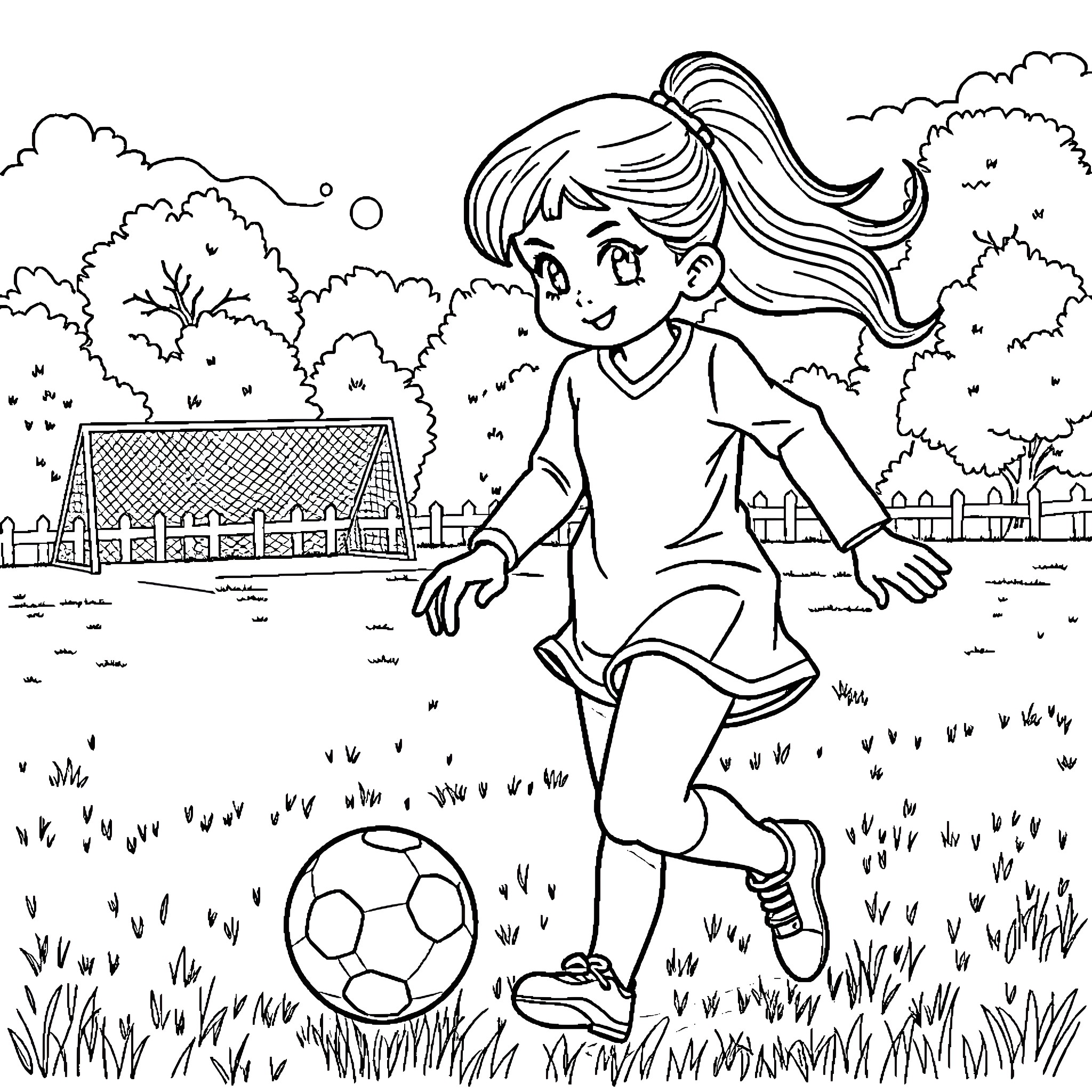 Snow White playing joyfully with soccer ball in the countryside Coloring Page (free black-and-white line drawing printable PDF for all, from beginners to advanced learners, including children, teens, adults, and seniors)