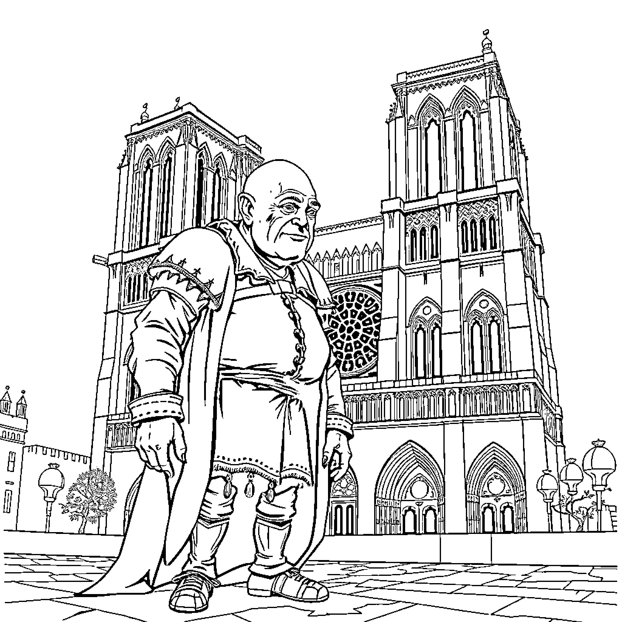 Hunchback visiting Gothic cathedral Coloring Page (free black-and-white line drawing printable PDF for all, from beginners to advanced learners, including children, teens, adults, and seniors)