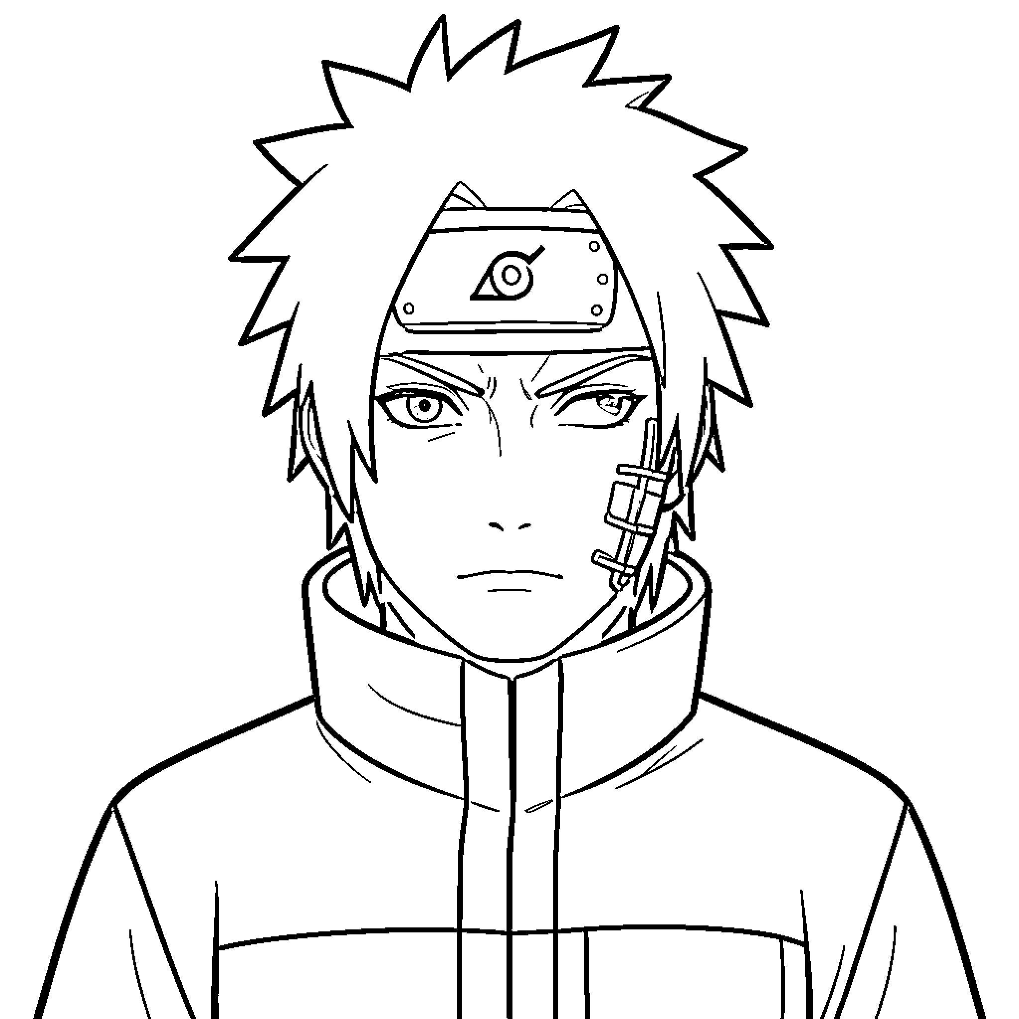 Kakashi wearing a headband with a serious expression Coloring Page (free black-and-white line drawing printable PDF for all, from beginners to advanced learners, including children, teens, adults, and seniors)