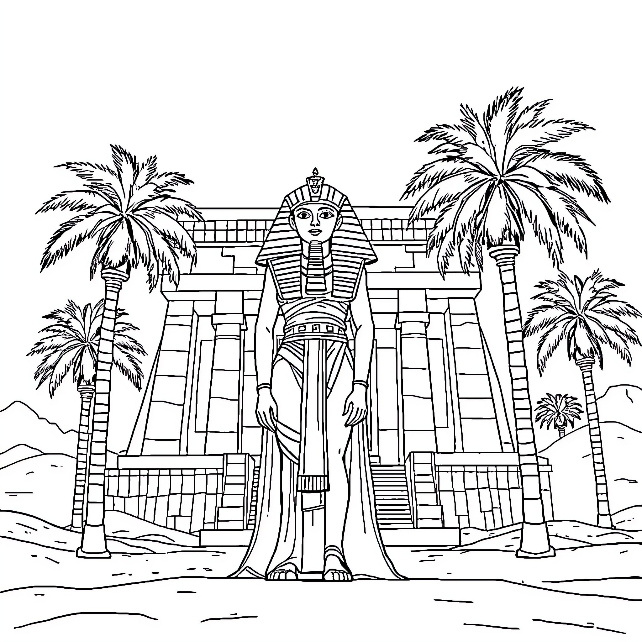 Hapshepsut's Pharaonic Temple with Iconic Sphinx Coloring Page (free black-and-white line drawing printable PDF for all, from beginners to advanced learners, including children, teens, adults, and seniors)