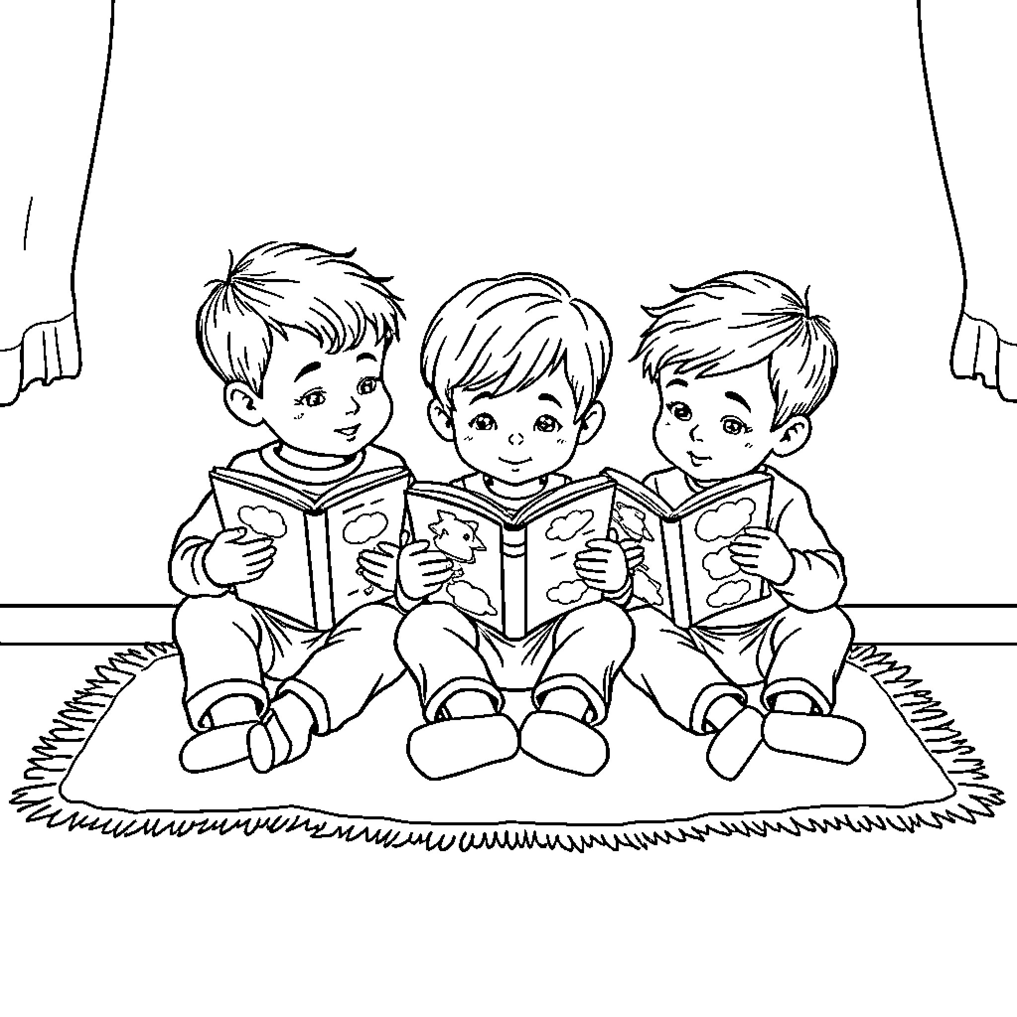Boys reading books together on the floor Coloring Page (free black-and-white line drawing printable PDF for all, from beginners to advanced learners, including children, teens, adults, and seniors)