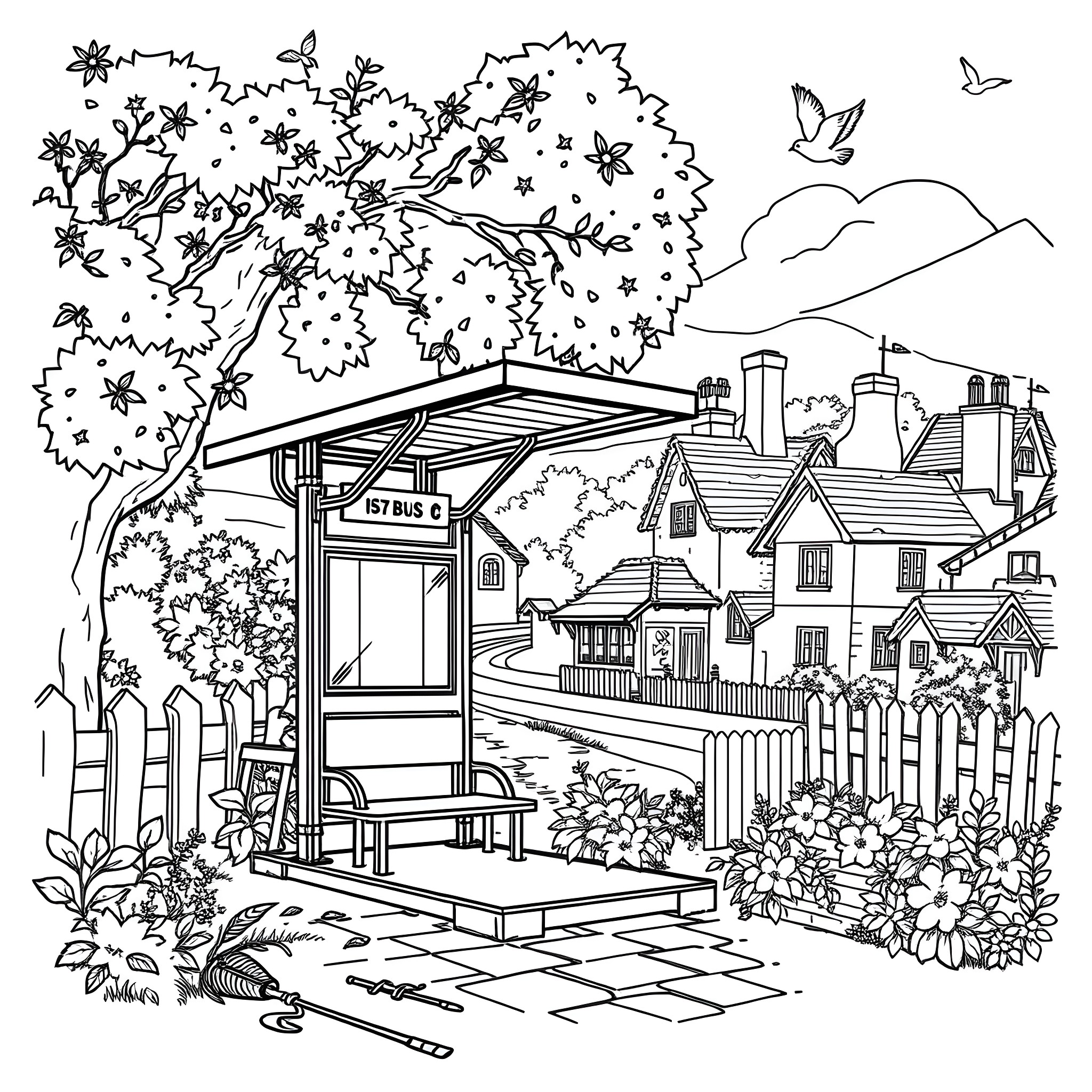 Bus Stop in a Quaint Countryside Landscape Coloring Page (free black-and-white line drawing printable PDF for all, from beginners to advanced learners, including children, teens, adults, and seniors)