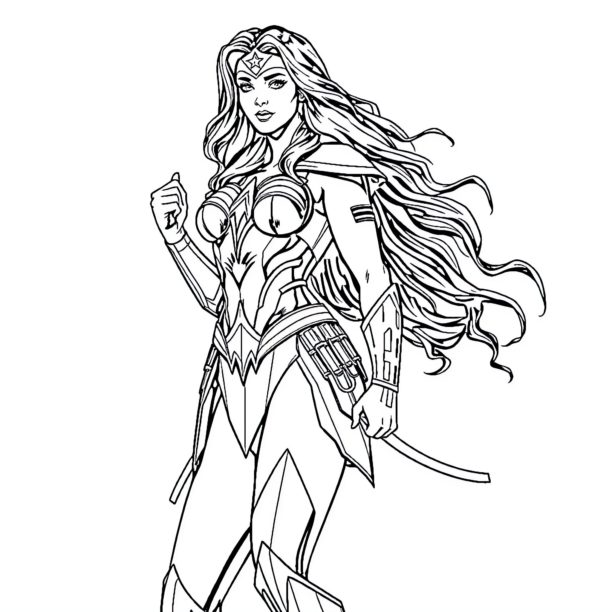 Wonder Woman in heroic stance with sword and lasso Coloring Page (free black-and-white line drawing printable PDF for all, from beginners to advanced learners, including children, teens, adults, and seniors)