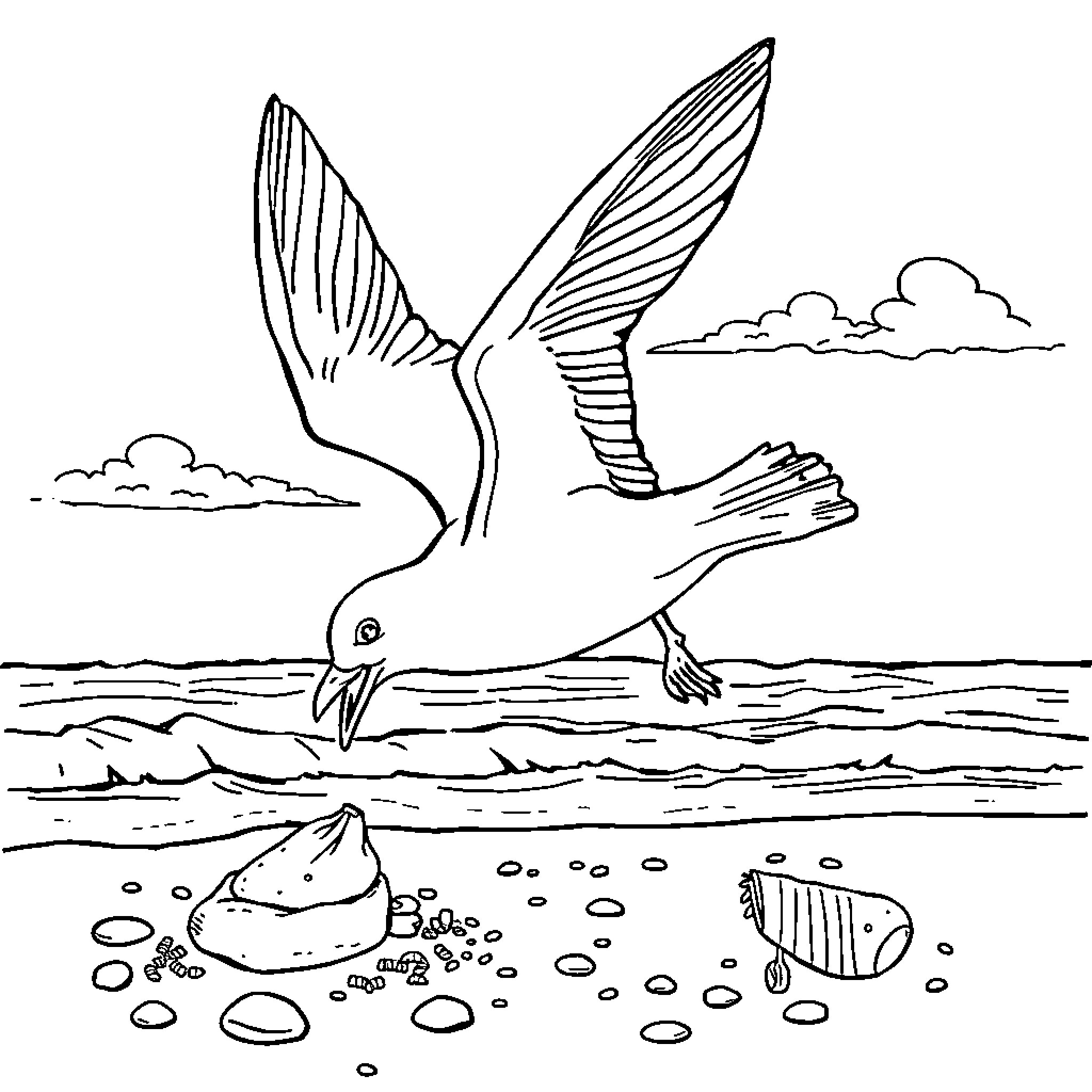 Seagull soaring gracefully over the ocean Coloring Page (free black-and-white line drawing printable PDF for all, from beginners to advanced learners, including children, teens, adults, and seniors)