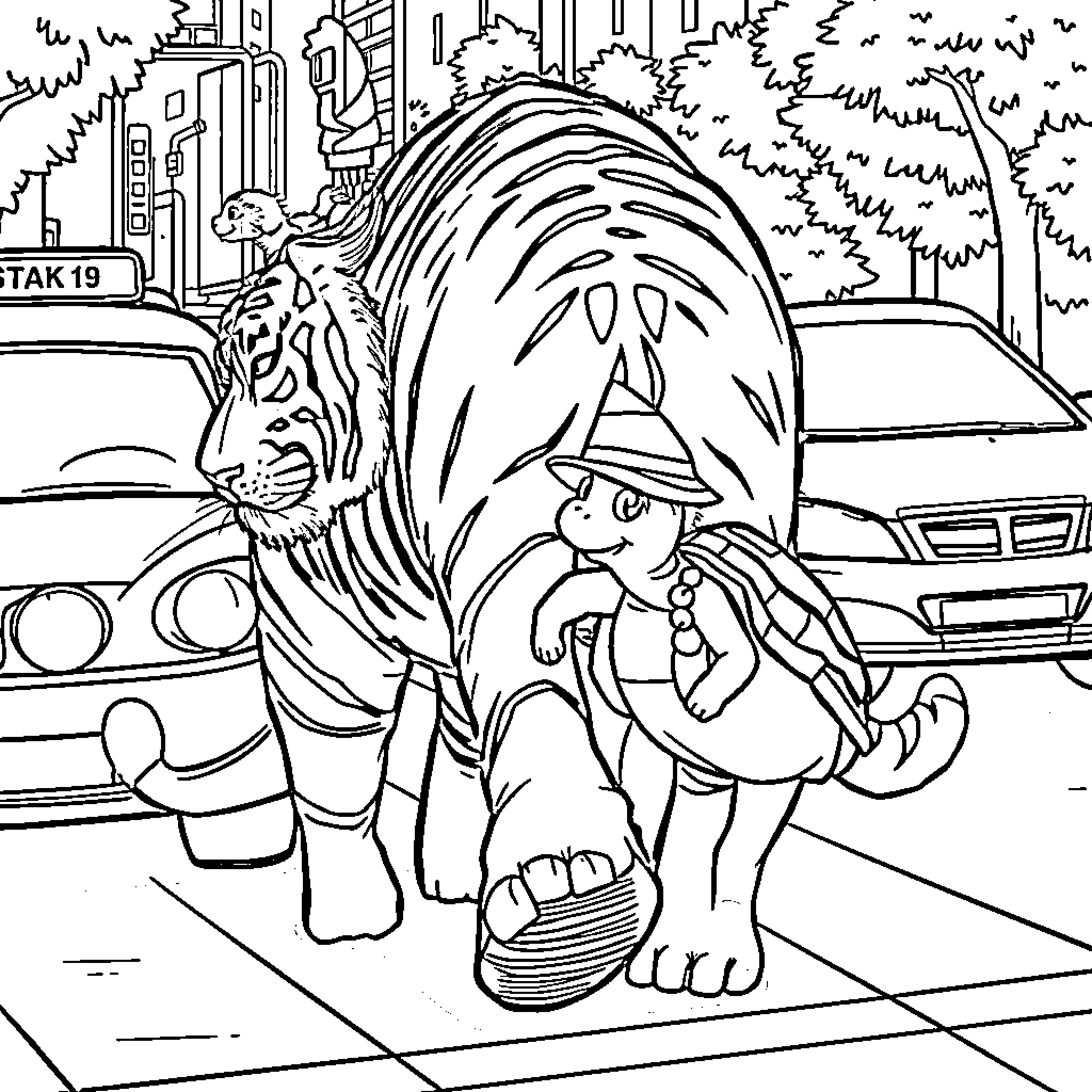Tiger and child encounter in urban setting Coloring Page (free black-and-white line drawing printable PDF for all, from beginners to advanced learners, including children, teens, adults, and seniors)