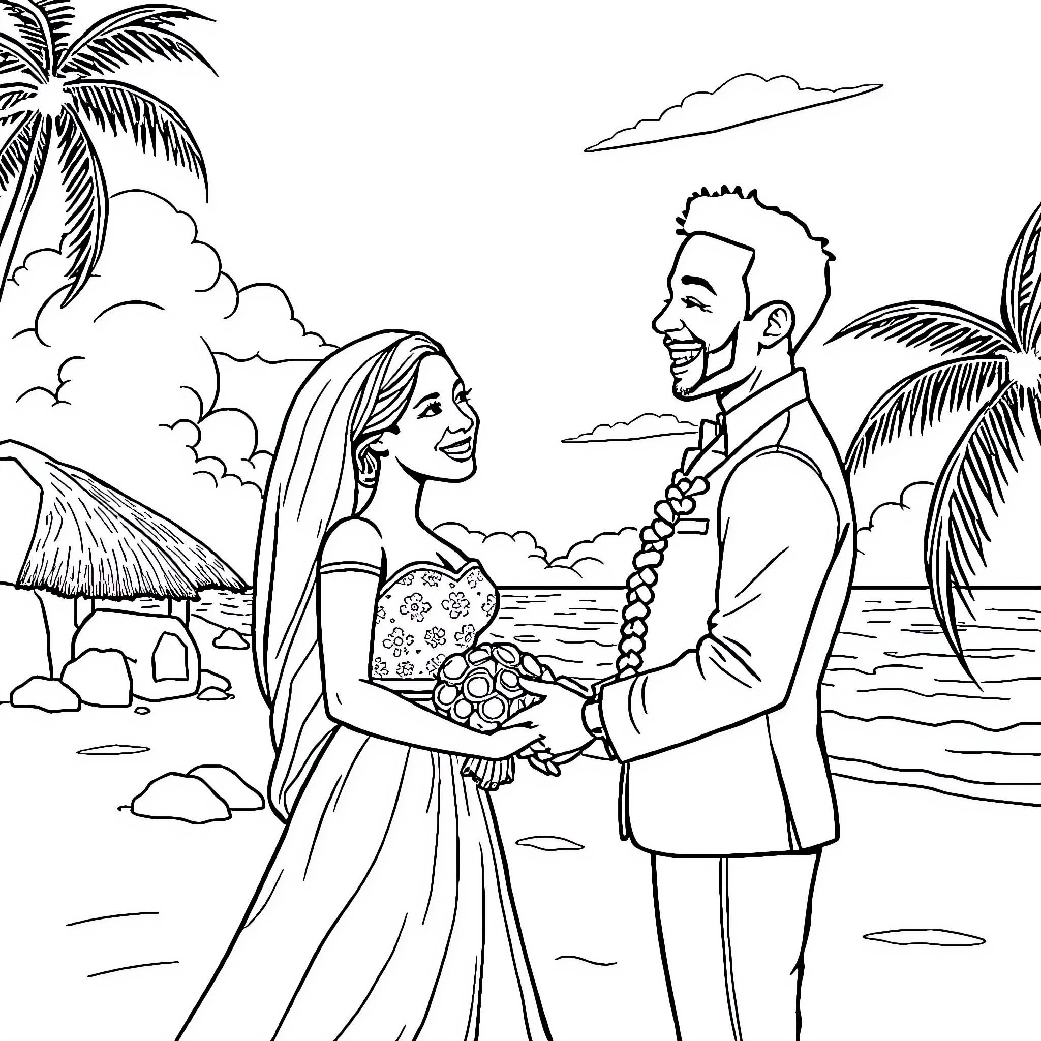 Couple exchanging flowers on a tropical beach Coloring Page (free black-and-white line drawing printable PDF for all, from beginners to advanced learners, including children, teens, adults, and seniors)