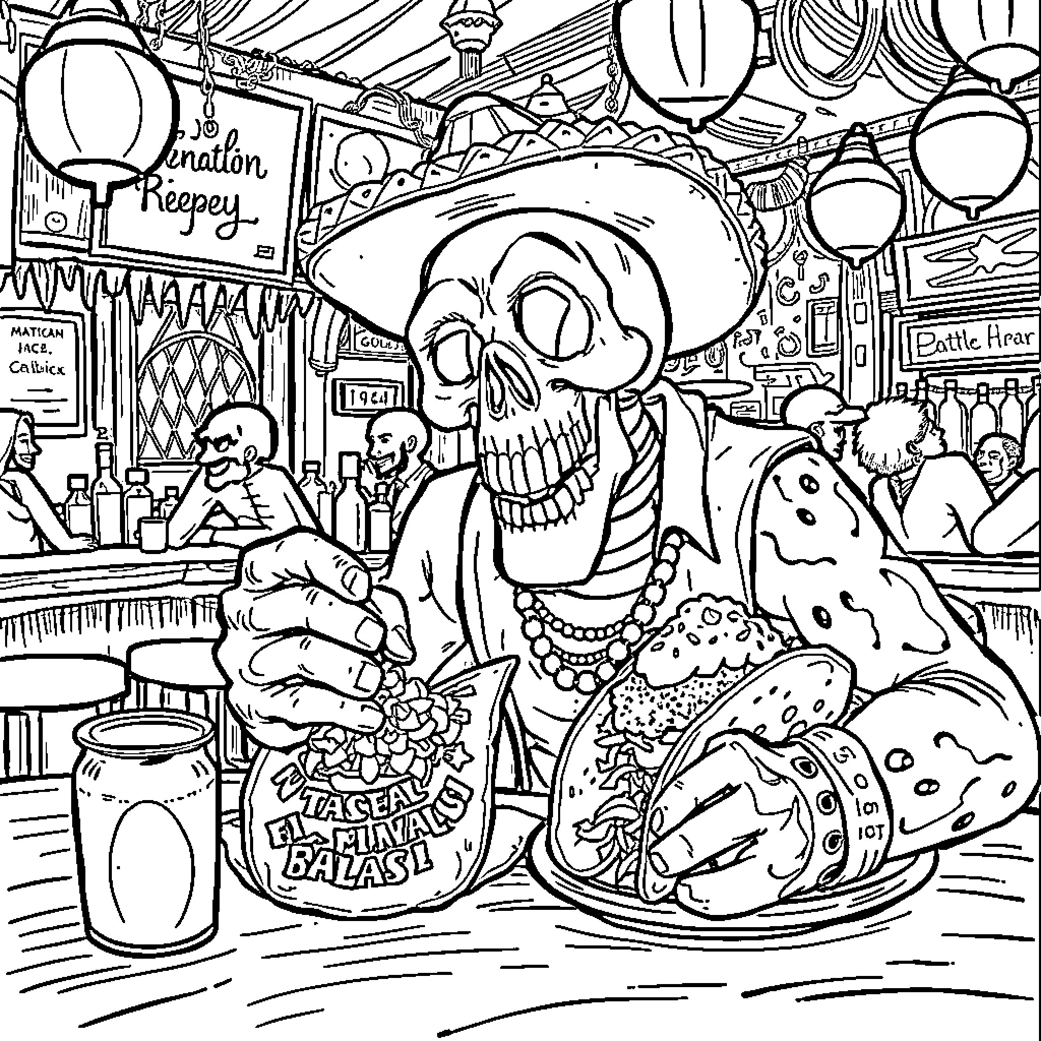 Vic Rattlehead's Day of the Dead Festivities Coloring Page (free black-and-white line drawing printable PDF for all, from beginners to advanced learners, including children, teens, adults, and seniors)