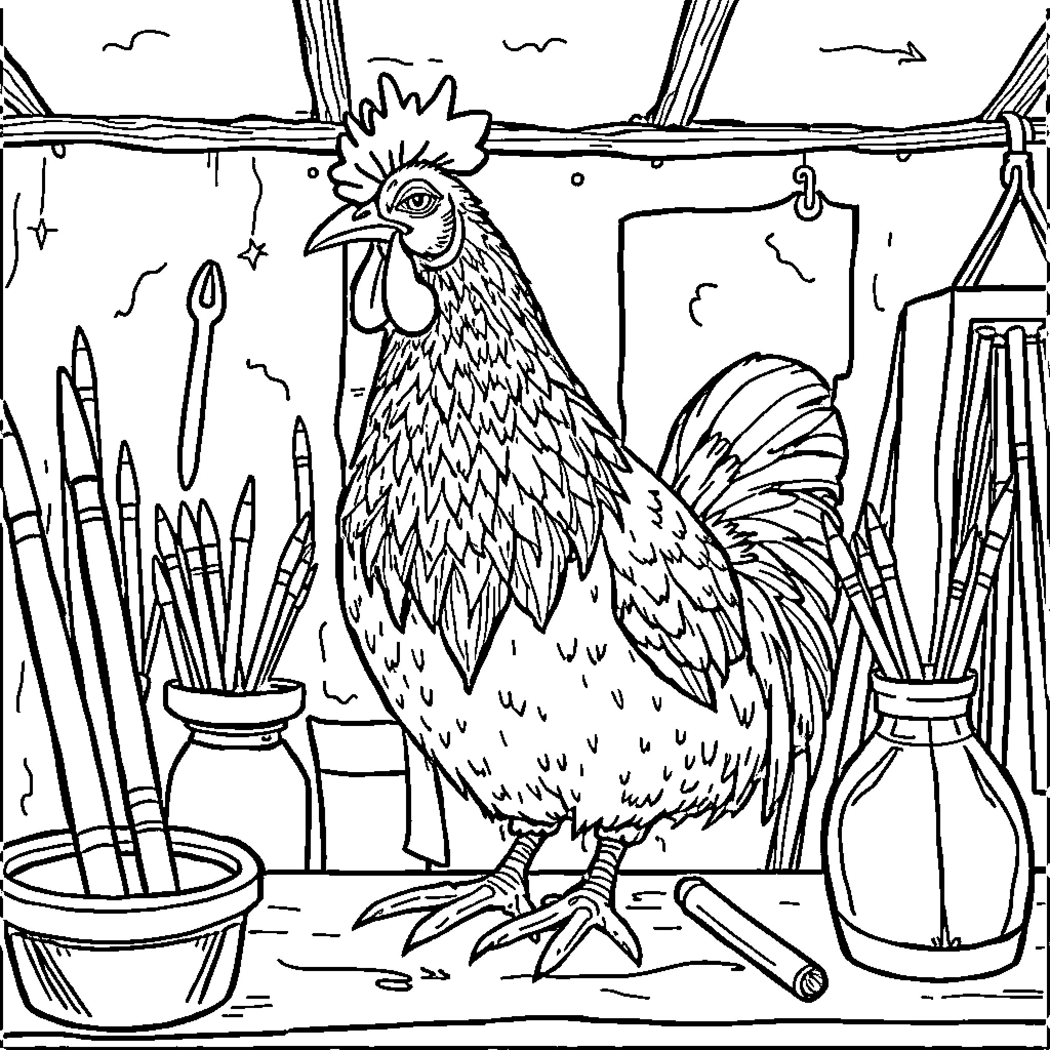 Gallina in an artist's studio Coloring Page (free black-and-white line drawing printable PDF for all, from beginners to advanced learners, including children, teens, adults, and seniors)