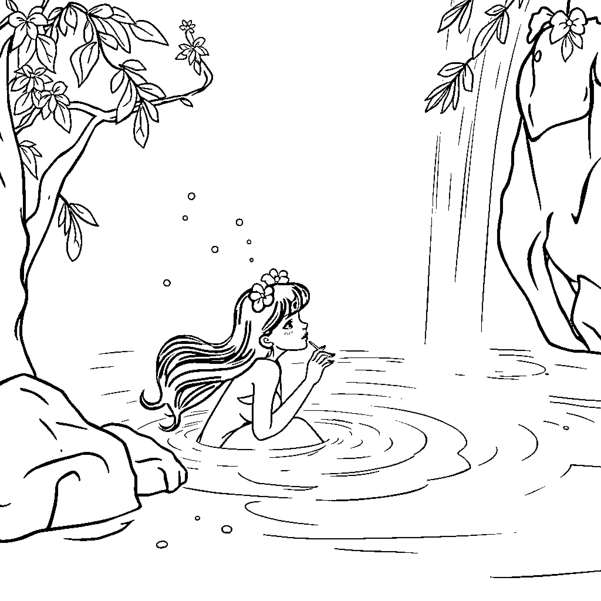 Snow White relaxing in a magical forest pond Coloring Page (free black-and-white line drawing printable PDF for all, from beginners to advanced learners, including children, teens, adults, and seniors)