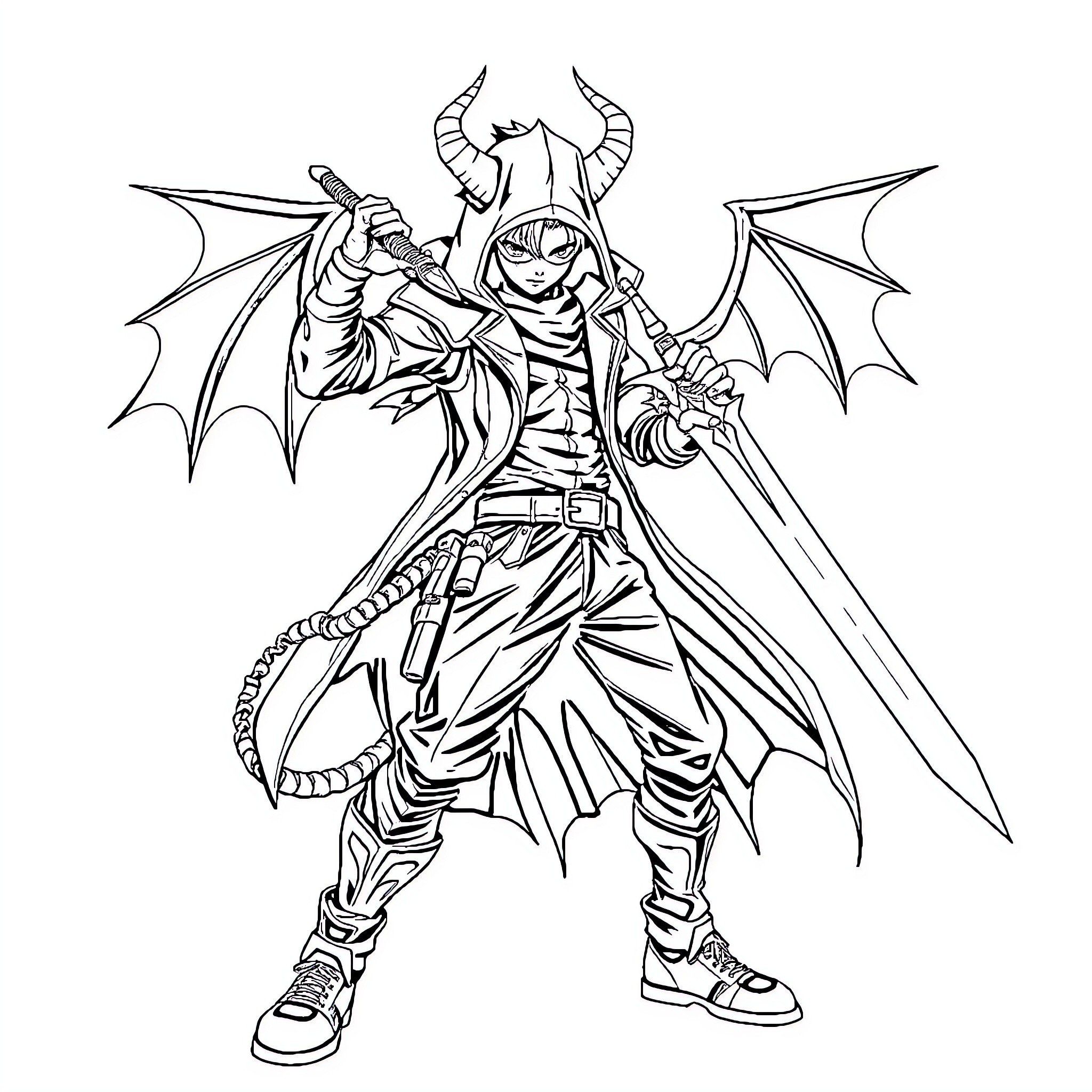 Demon Hunter Wielding Weapons and Wearing Intimidating Attire Coloring Page (free black-and-white line drawing printable PDF for all, from beginners to advanced learners, including children, teens, adults, and seniors)
