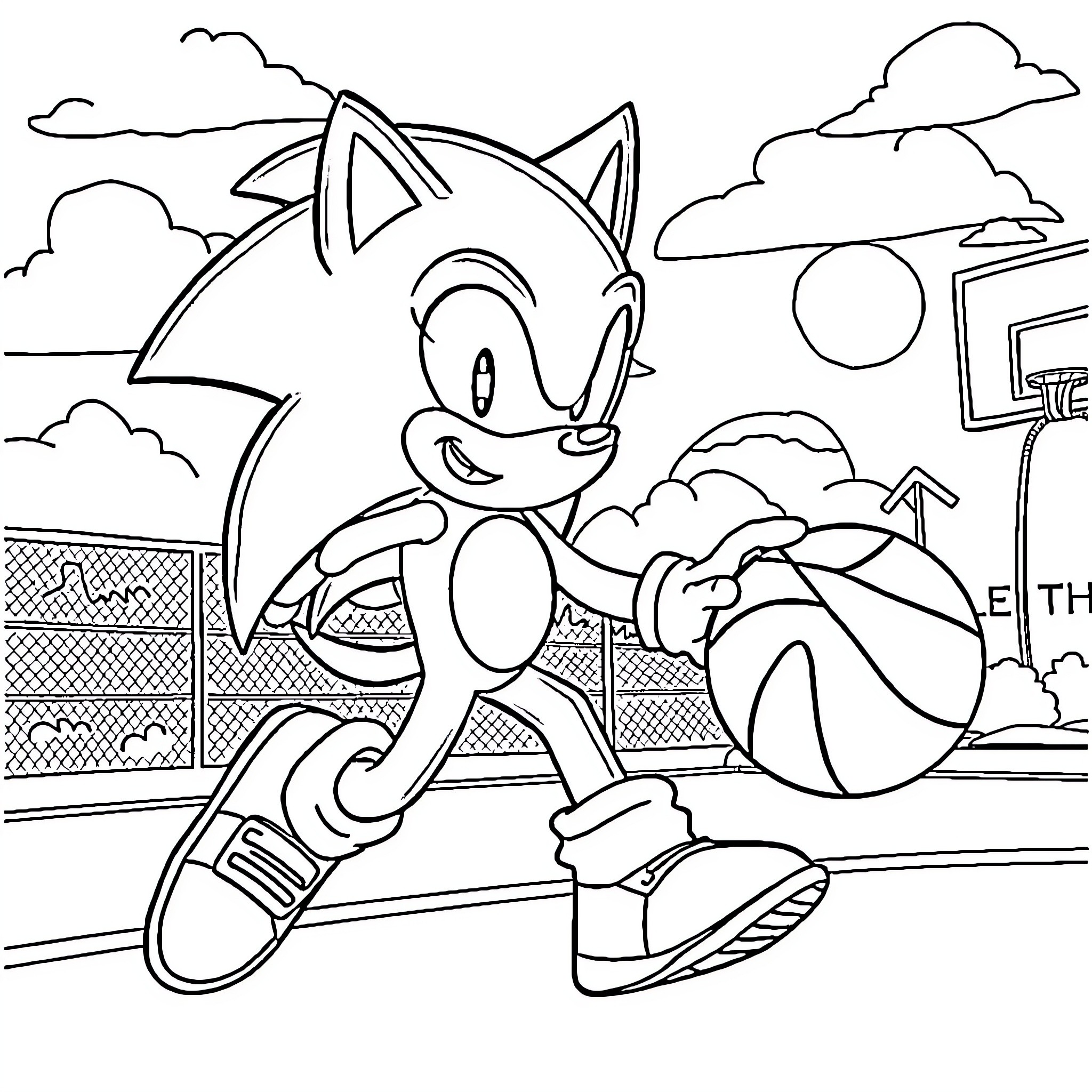 Sonic the Hedgehog exploring a scenic environment Coloring Page (free black-and-white line drawing printable PDF for all, from beginners to advanced learners, including children, teens, adults, and seniors)
