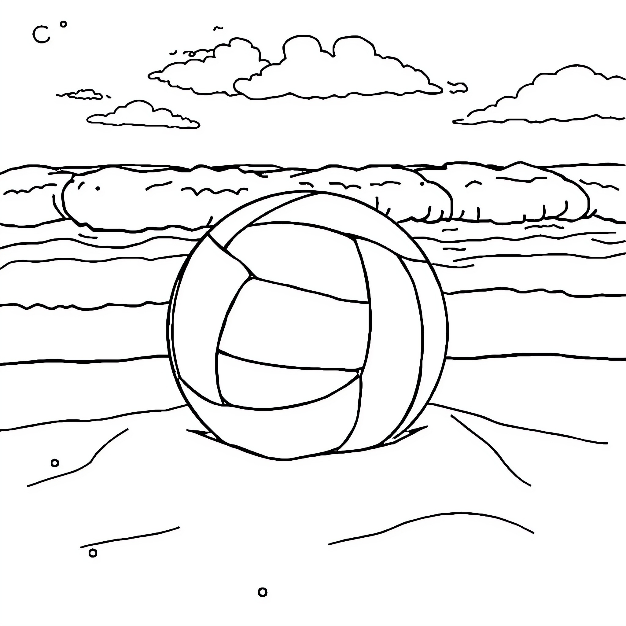 Volleyball game on the beach Coloring Page (free black-and-white line drawing printable PDF for all, from beginners to advanced learners, including children, teens, adults, and seniors)