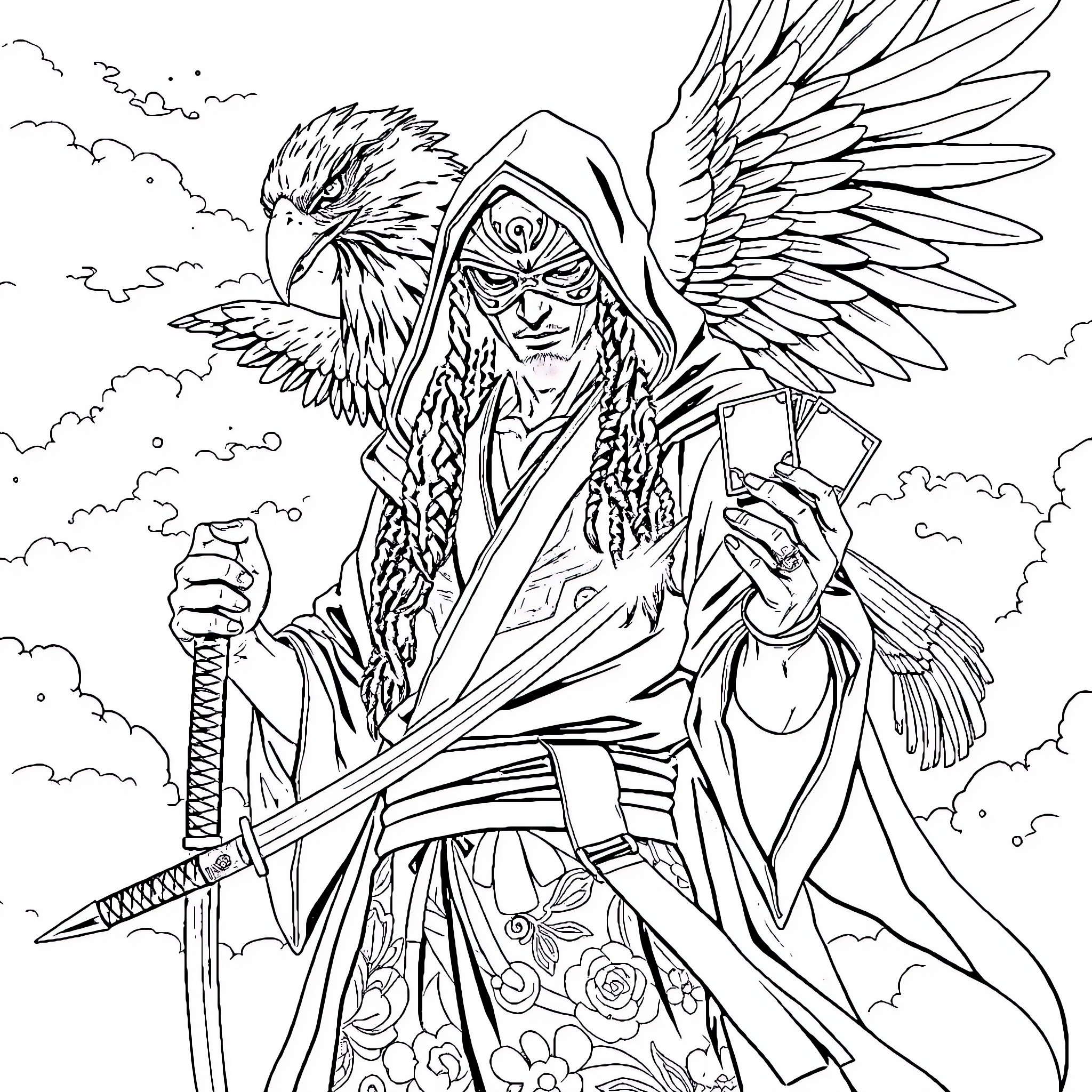 Man in Mystical Attire with Winged Companion Coloring Page (free black-and-white line drawing printable PDF for all, from beginners to advanced learners, including children, teens, adults, and seniors)