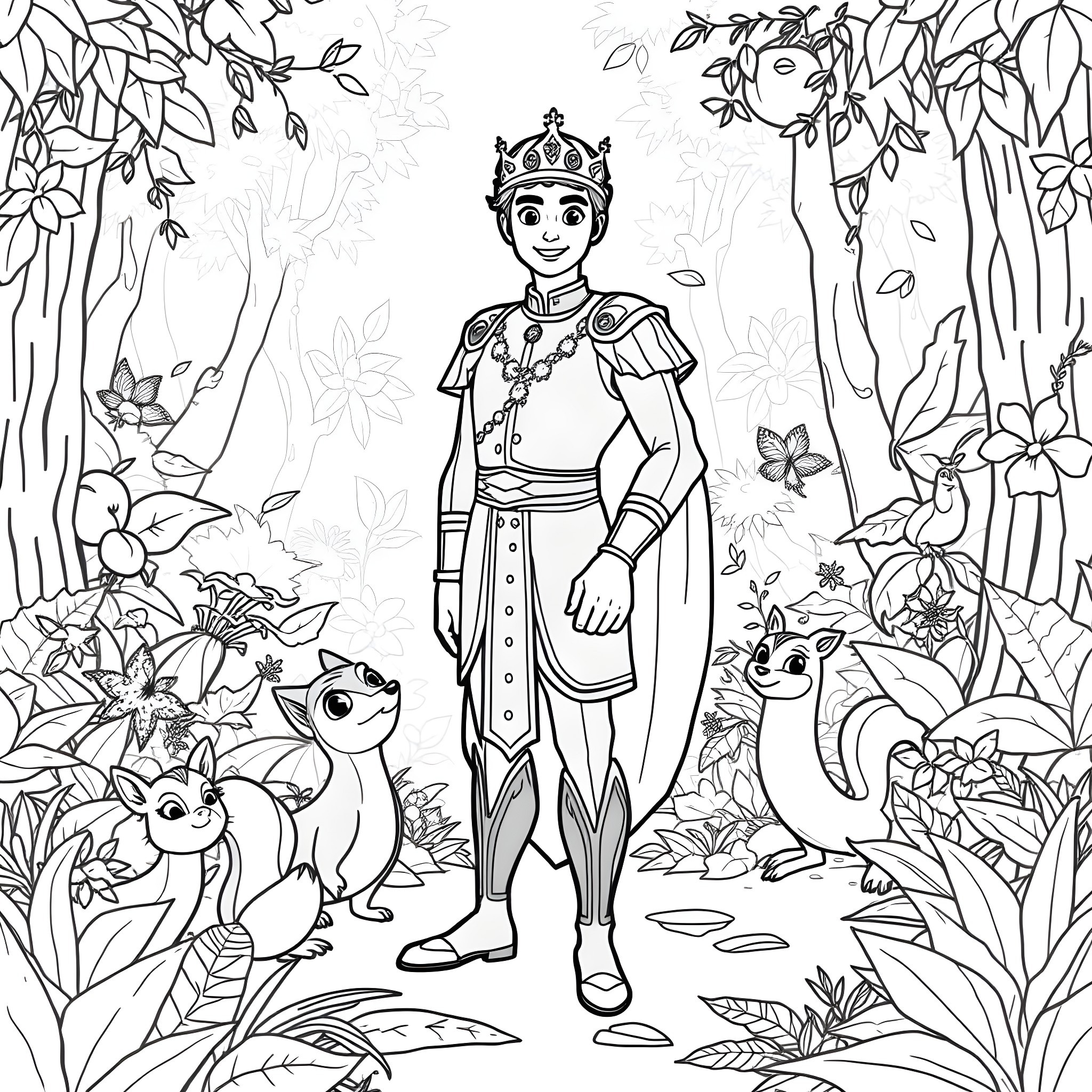Prince exploring the enchanted forest with animal companions Coloring Page (free black-and-white line drawing printable PDF for all, from beginners to advanced learners, including children, teens, adults, and seniors)