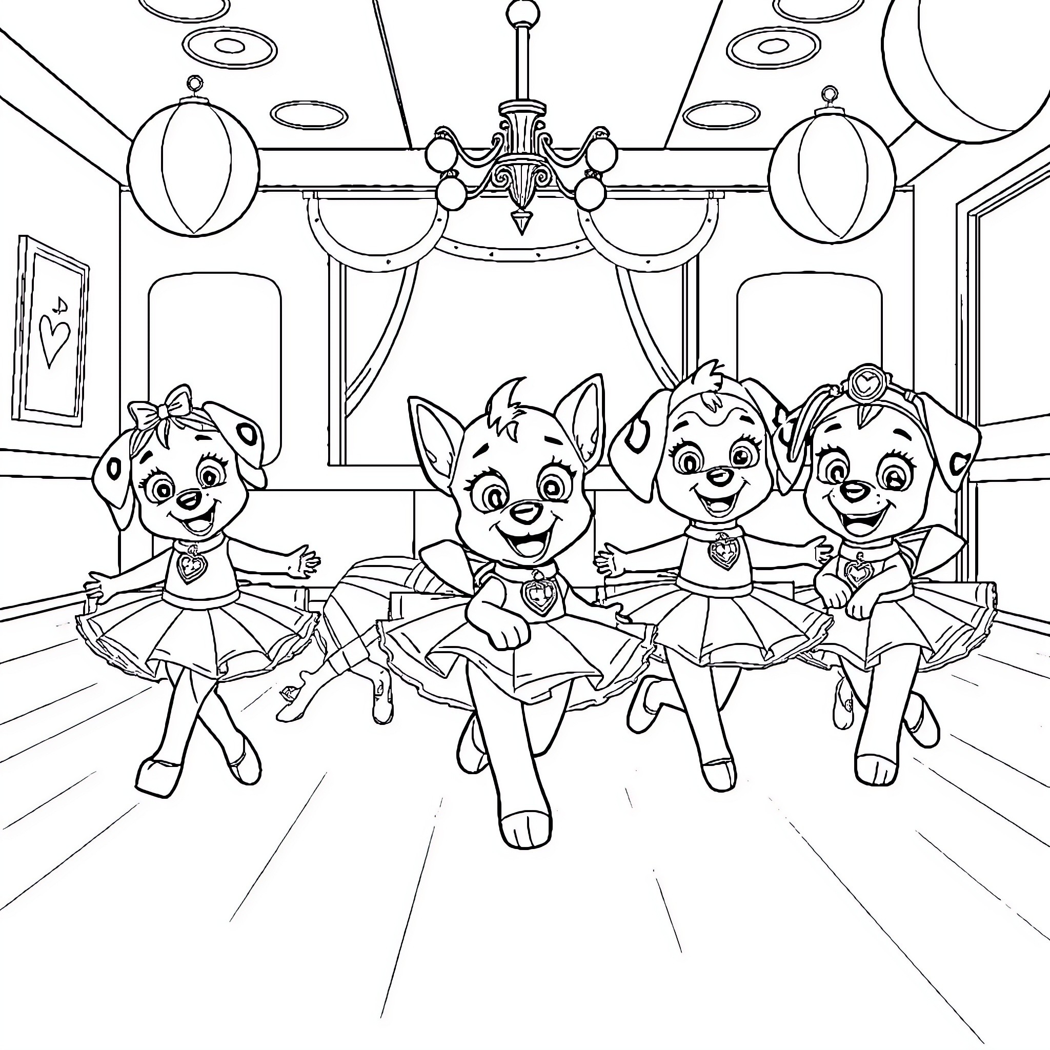 Paw Patrol Pups Dancing on Stage Coloring Page (free black-and-white line drawing printable PDF for all, from beginners to advanced learners, including children, teens, adults, and seniors)