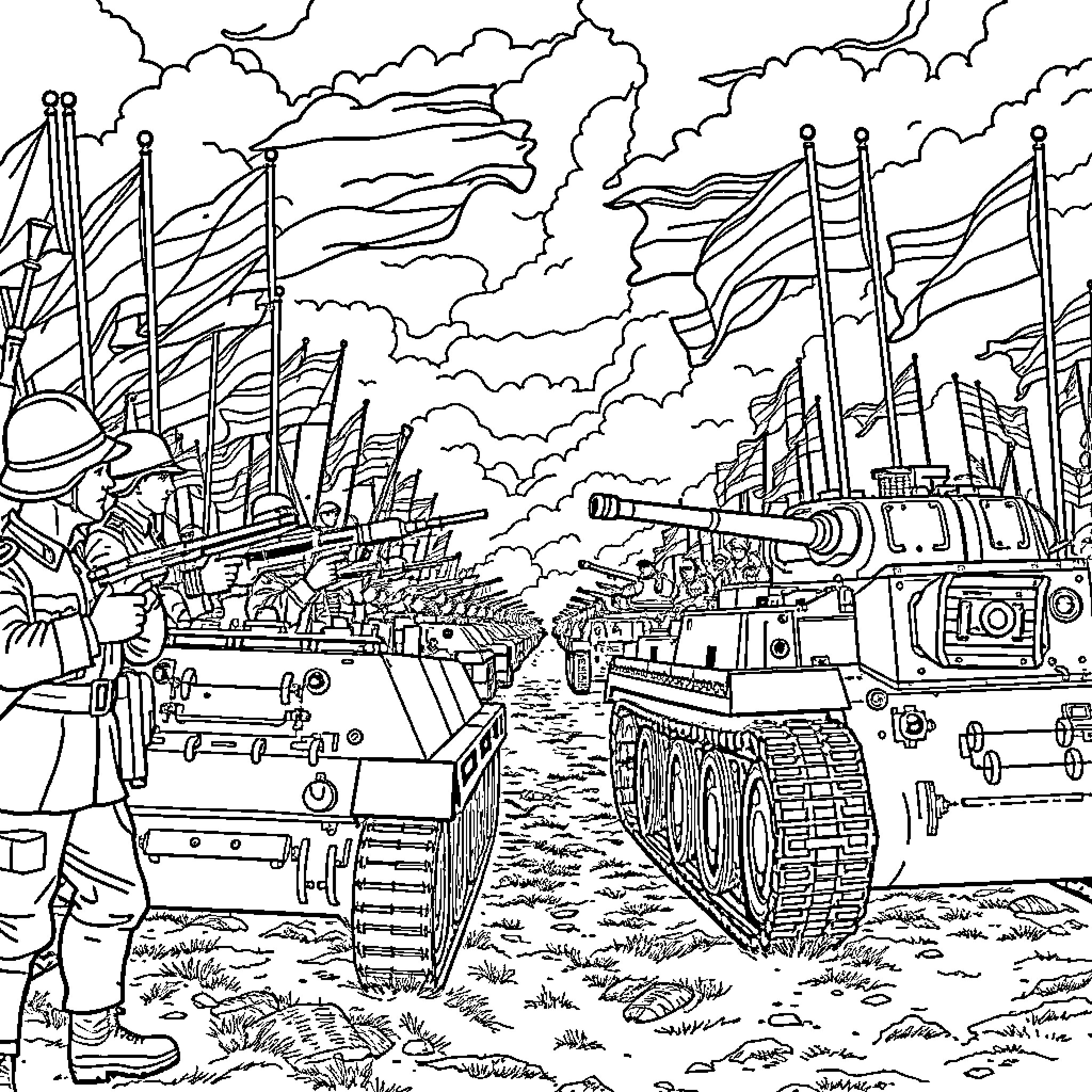 Army of Tanks and Soldiers in Battle Scene Coloring Page (free black-and-white line drawing printable PDF for all, from beginners to advanced learners, including children, teens, adults, and seniors)
