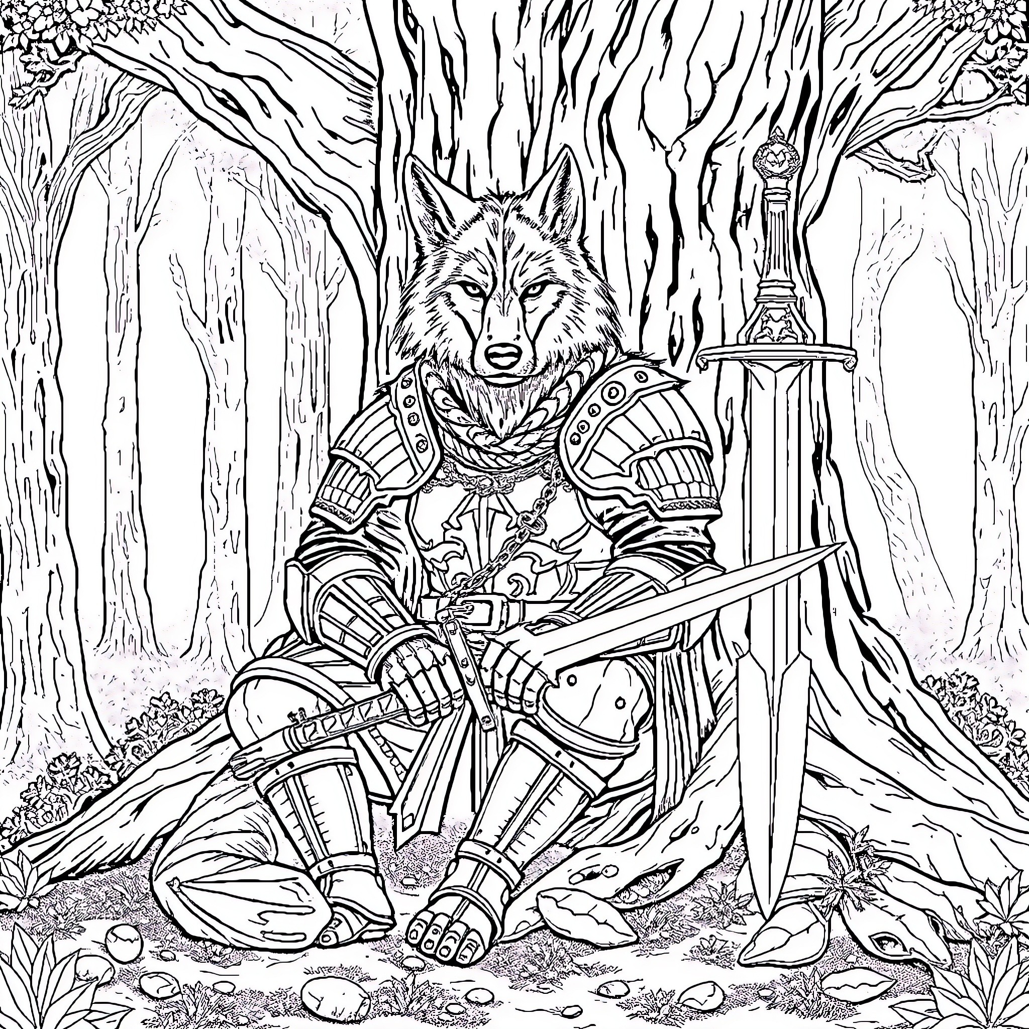 Wolf Man wielding a sword in an armored forest scene Coloring Page (free black-and-white line drawing printable PDF for all, from beginners to advanced learners, including children, teens, adults, and seniors)