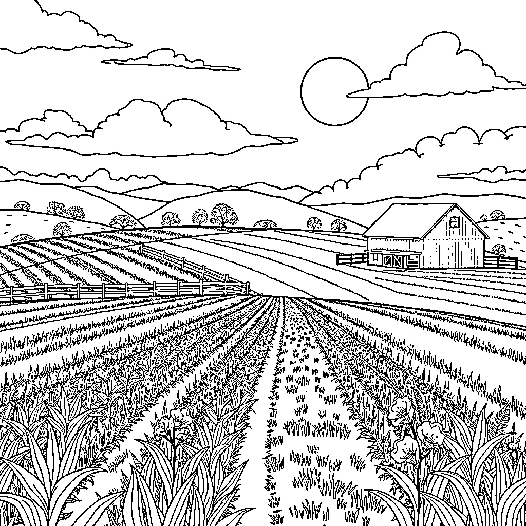 Farm landscape with fields and barn under cloudy sky Coloring Page (free black-and-white line drawing printable PDF for all, from beginners to advanced learners, including children, teens, adults, and seniors)