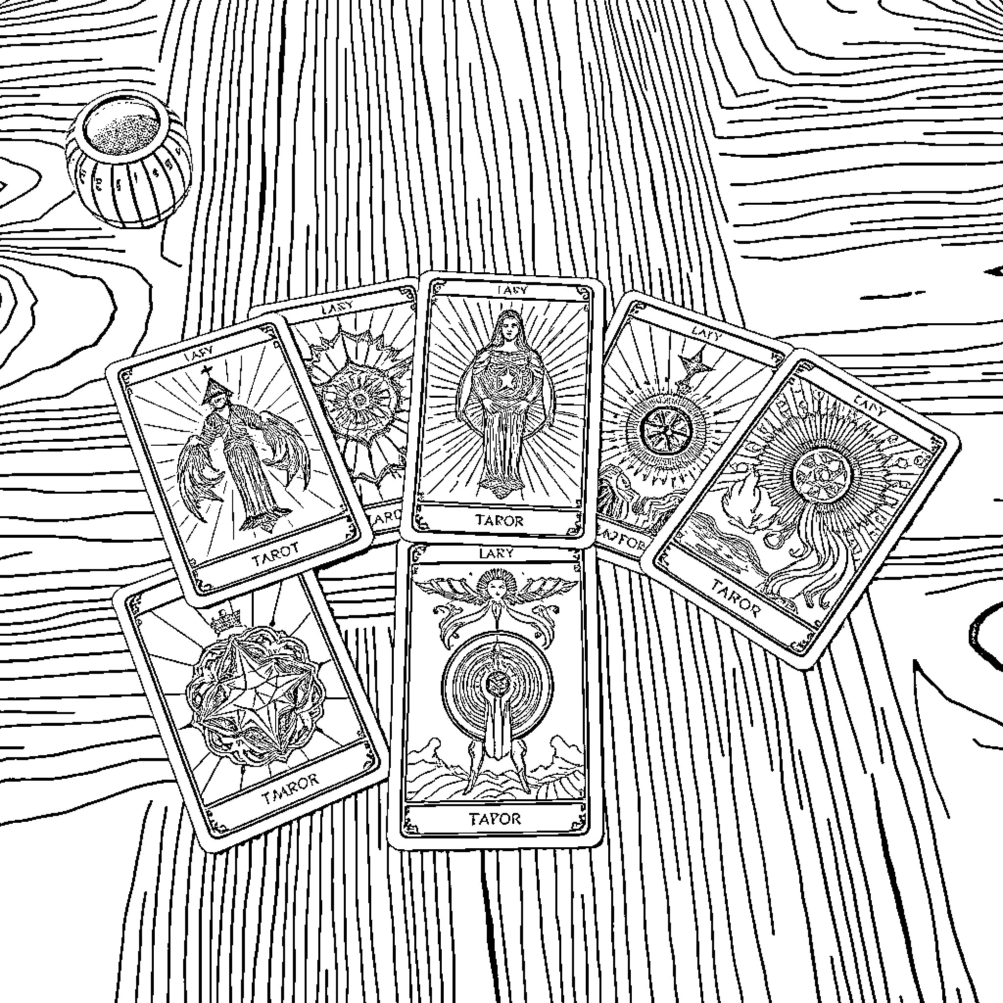 Tarot Card Deck on Wooden Surface Coloring Page (free black-and-white line drawing printable PDF for all, from beginners to advanced learners, including children, teens, adults, and seniors)