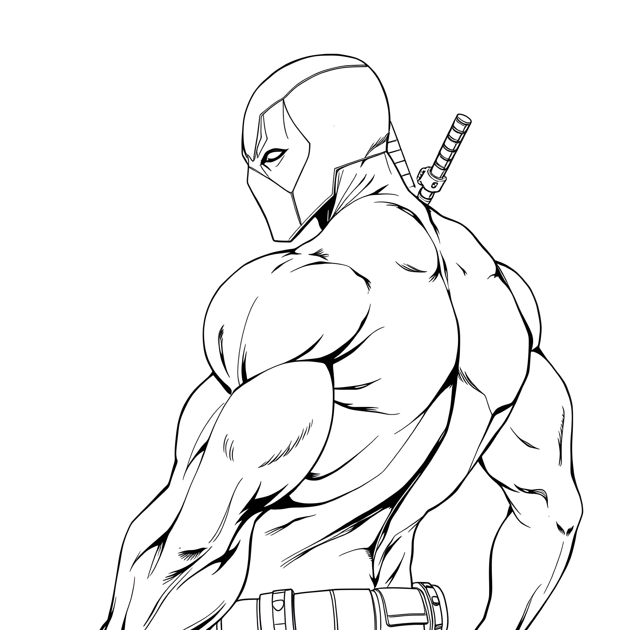 Hulk-like Superhero in Fierce Pose with Weapon Coloring Page (free black-and-white line drawing printable PDF for all, from beginners to advanced learners, including children, teens, adults, and seniors)