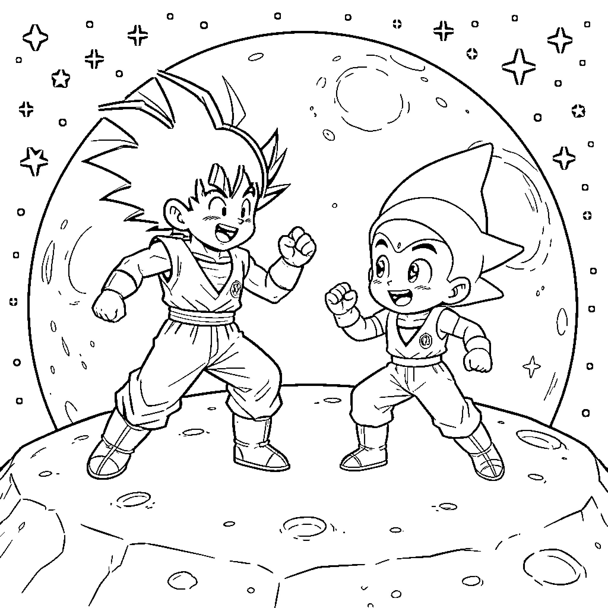 Goku Jr. and friend exploring the cosmos Coloring Page (free black-and-white line drawing printable PDF for all, from beginners to advanced learners, including children, teens, adults, and seniors)