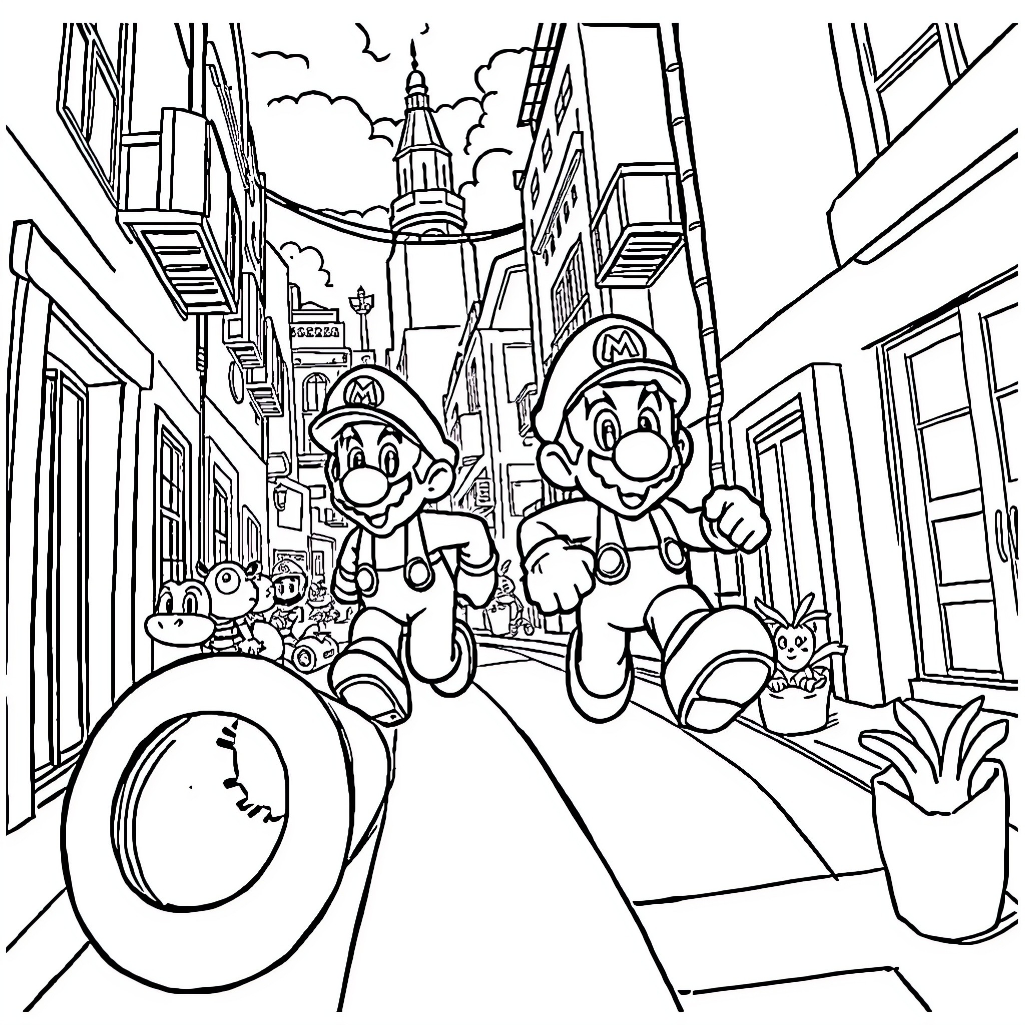 Mario's Exciting Adventure in the City Streets Coloring Page (free black-and-white line drawing printable PDF for all, from beginners to advanced learners, including children, teens, adults, and seniors)