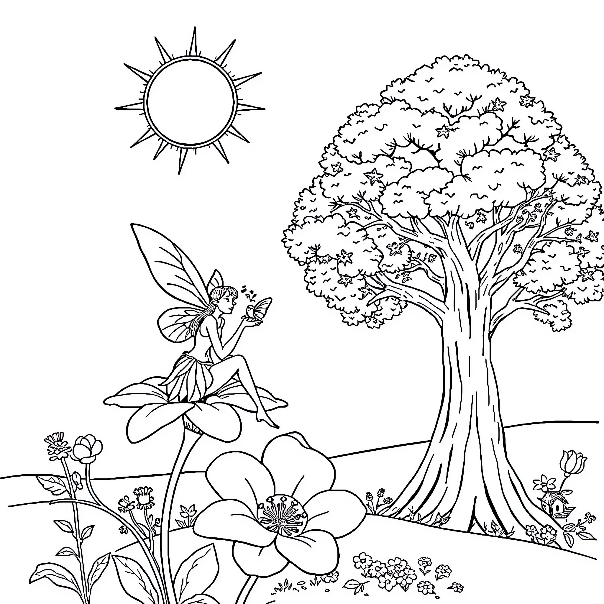 Fee Fairy in the Enchanted Forest Coloring Page (free black-and-white line drawing printable PDF for all, from beginners to advanced learners, including children, teens, adults, and seniors)