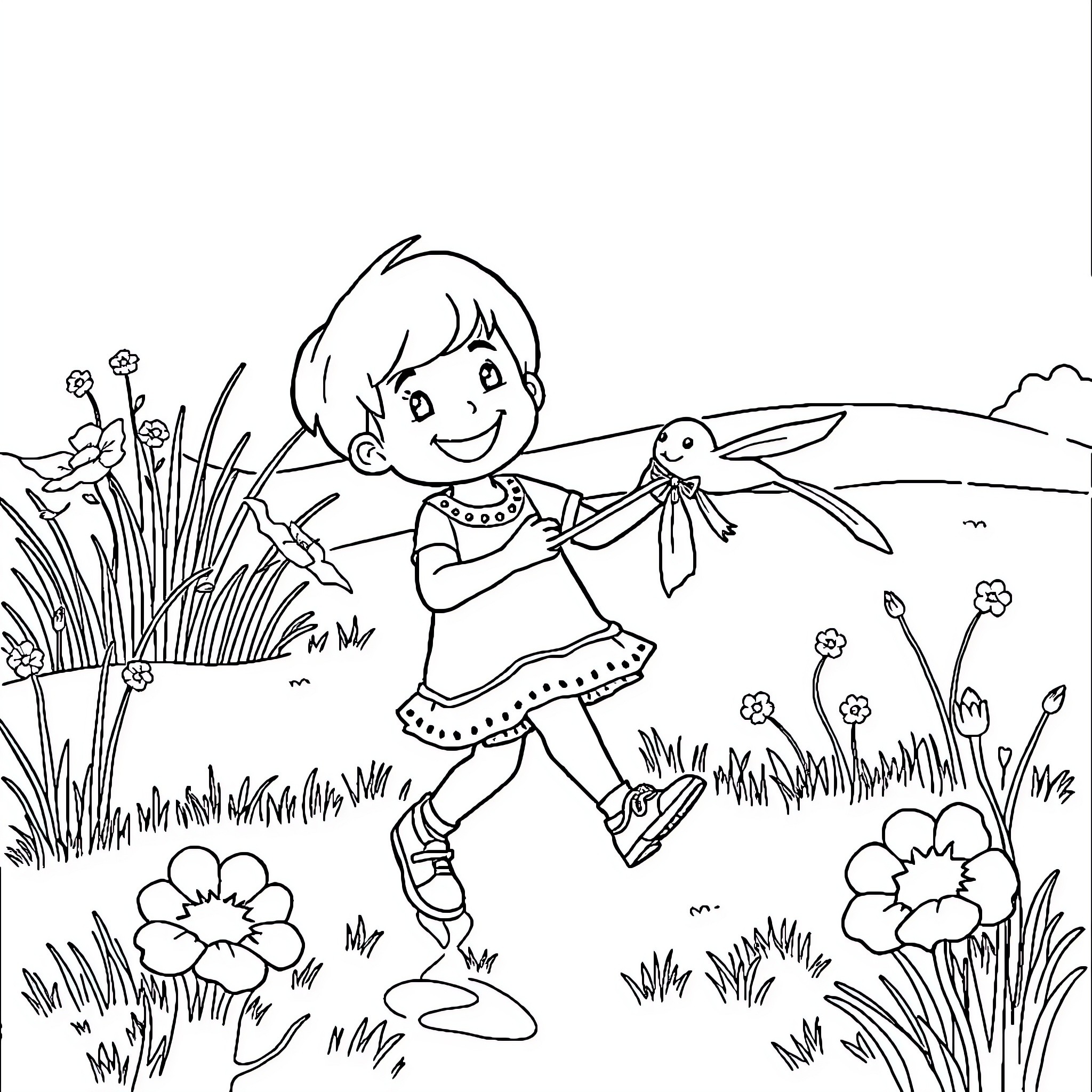 Ziege girl chasing butterflies in the meadow Coloring Page (free black-and-white line drawing printable PDF for all, from beginners to advanced learners, including children, teens, adults, and seniors)