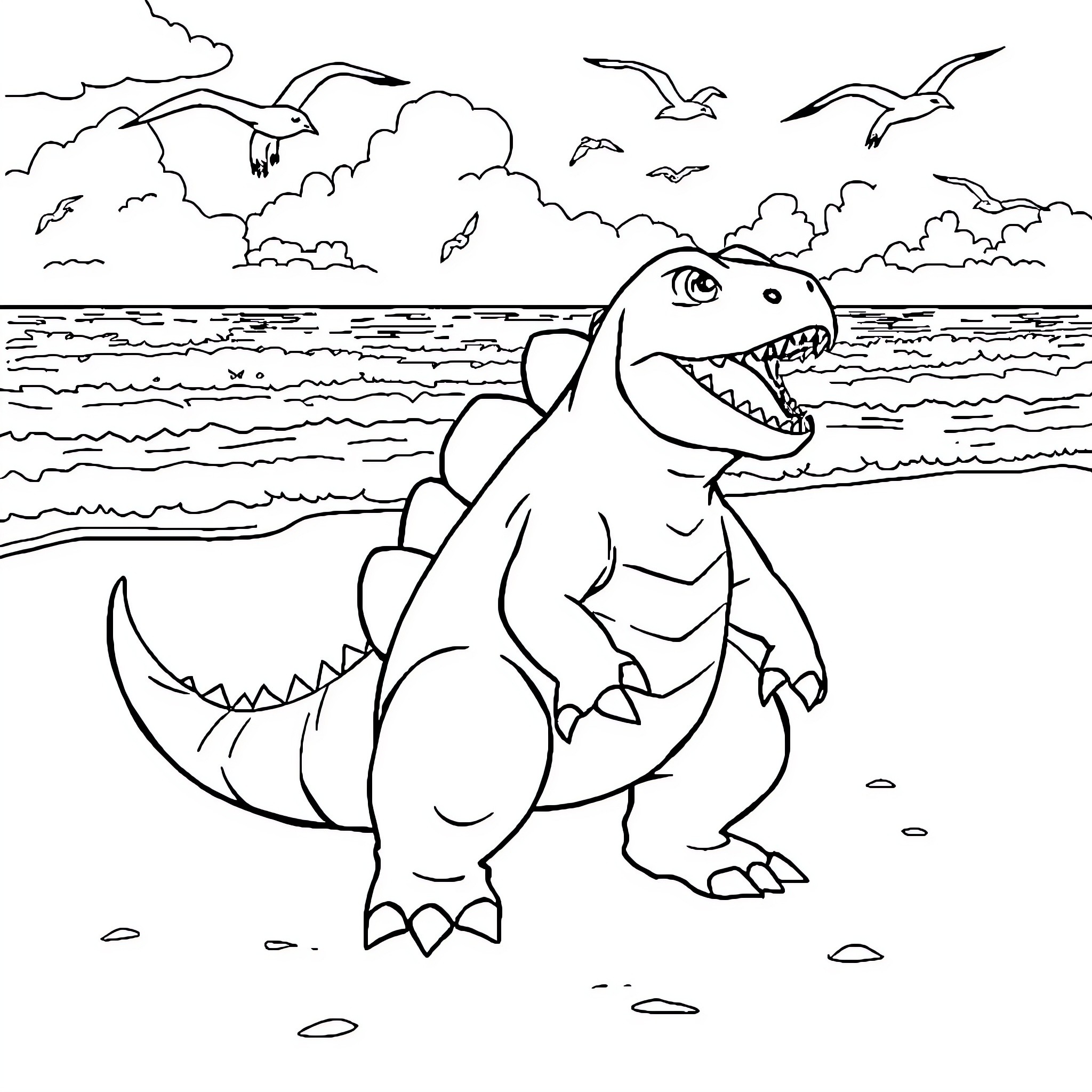 Tyranitar roaming the seaside landscape Coloring Page (free black-and-white line drawing printable PDF for all, from beginners to advanced learners, including children, teens, adults, and seniors)