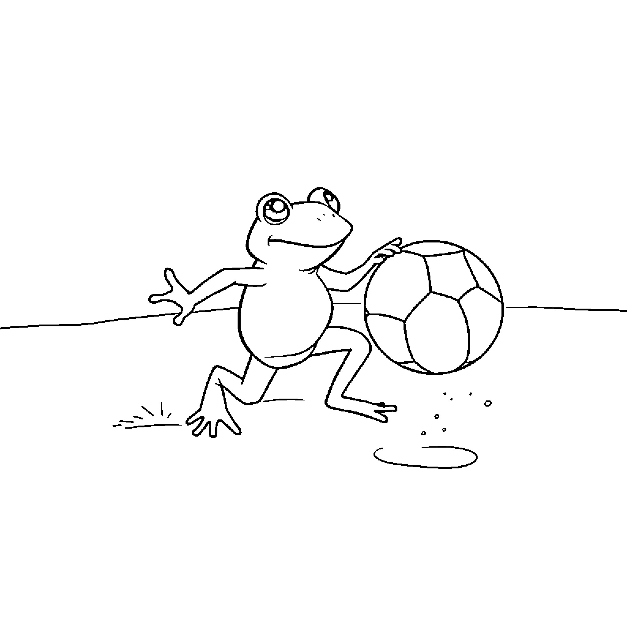 Frog playing with soccer ball on the field Coloring Page (free black-and-white line drawing printable PDF for all, from beginners to advanced learners, including children, teens, adults, and seniors)