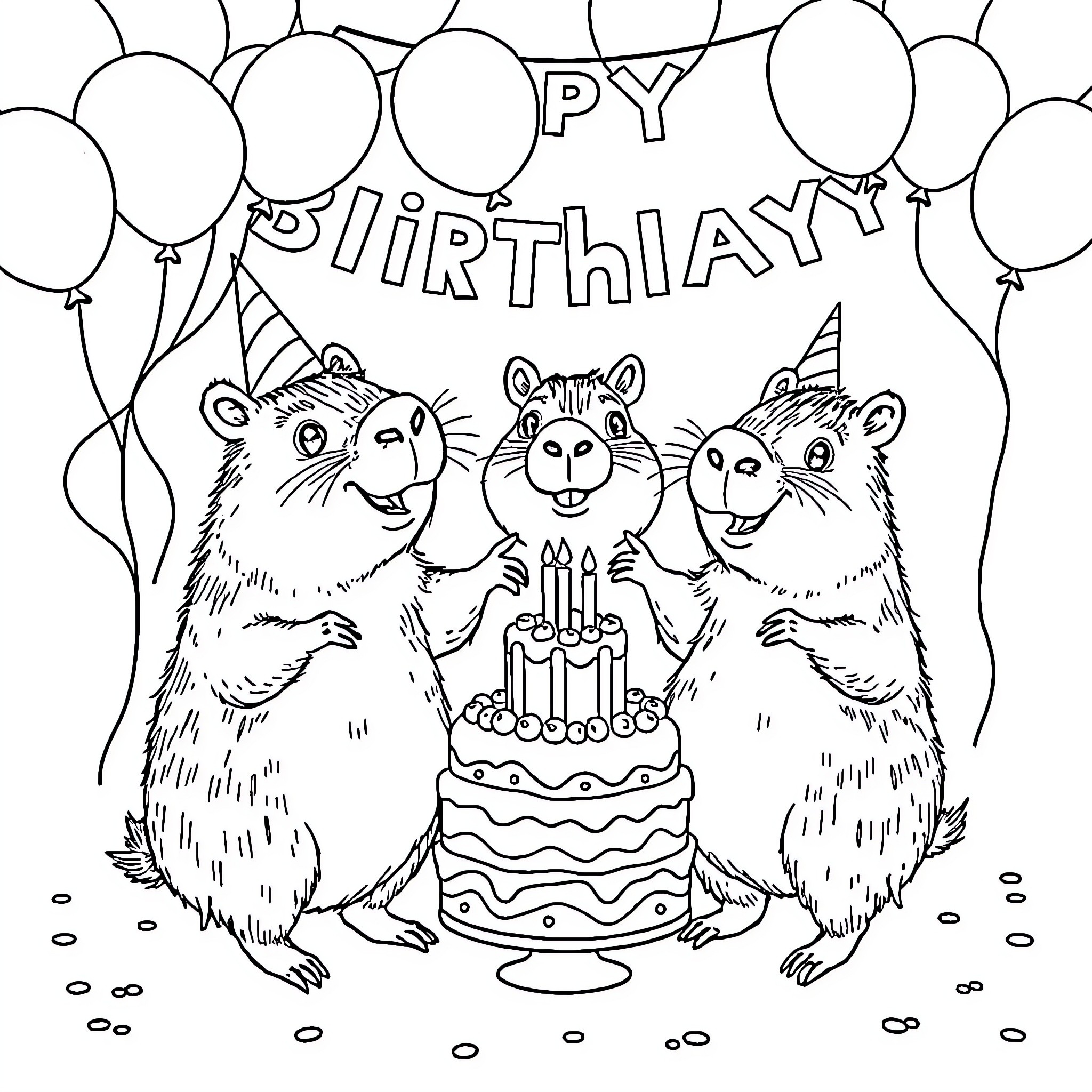 Capybara friends celebrate birthday with cake and balloons Coloring Page (free black-and-white line drawing printable PDF for all, from beginners to advanced learners, including children, teens, adults, and seniors)