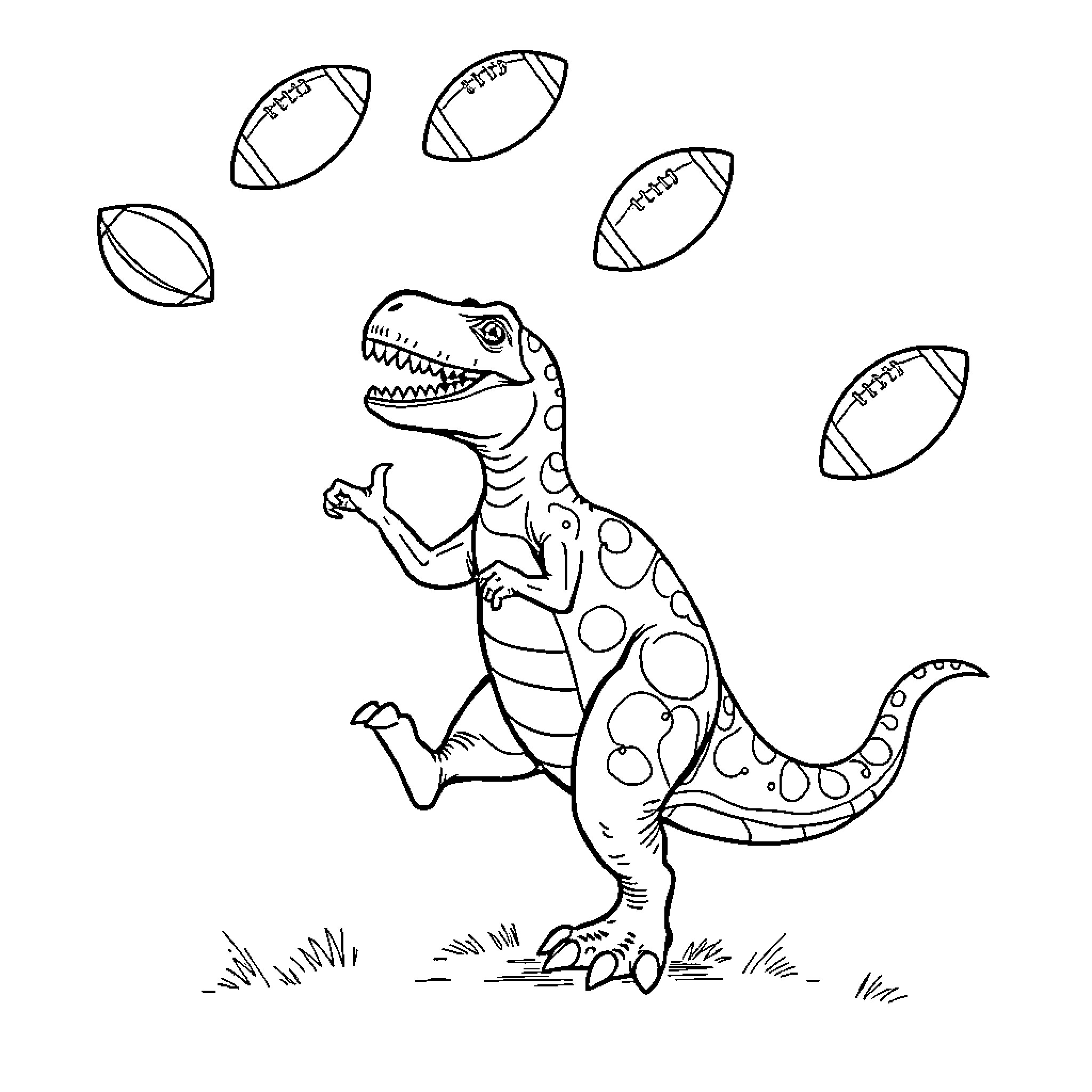 Dinosaur playing with footballs in the field Coloring Page (free black-and-white line drawing printable PDF for all, from beginners to advanced learners, including children, teens, adults, and seniors)