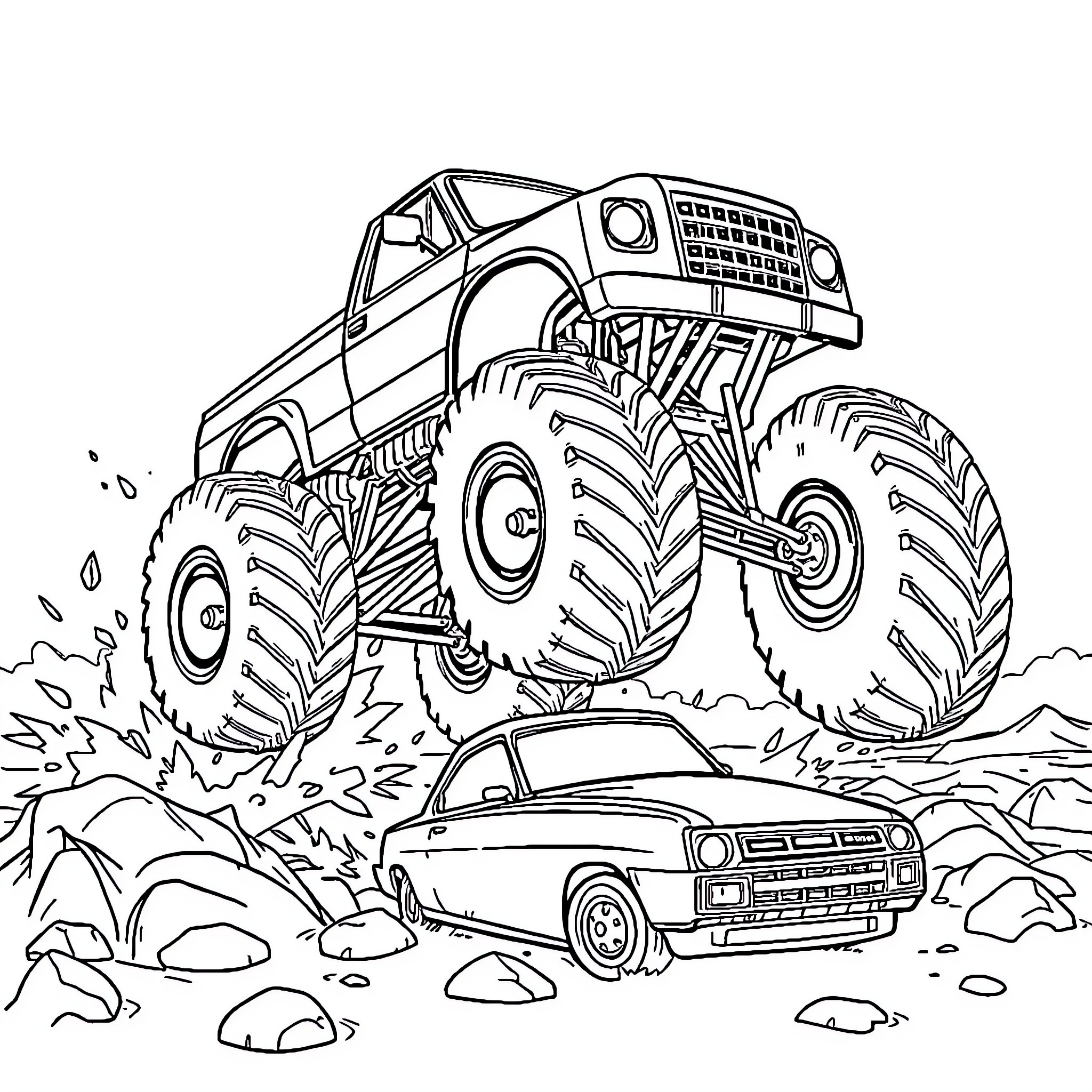 Monster Truck Crushing Compact Car on Rugged Terrain Coloring Page (free black-and-white line drawing printable PDF for all, from beginners to advanced learners, including children, teens, adults, and seniors)