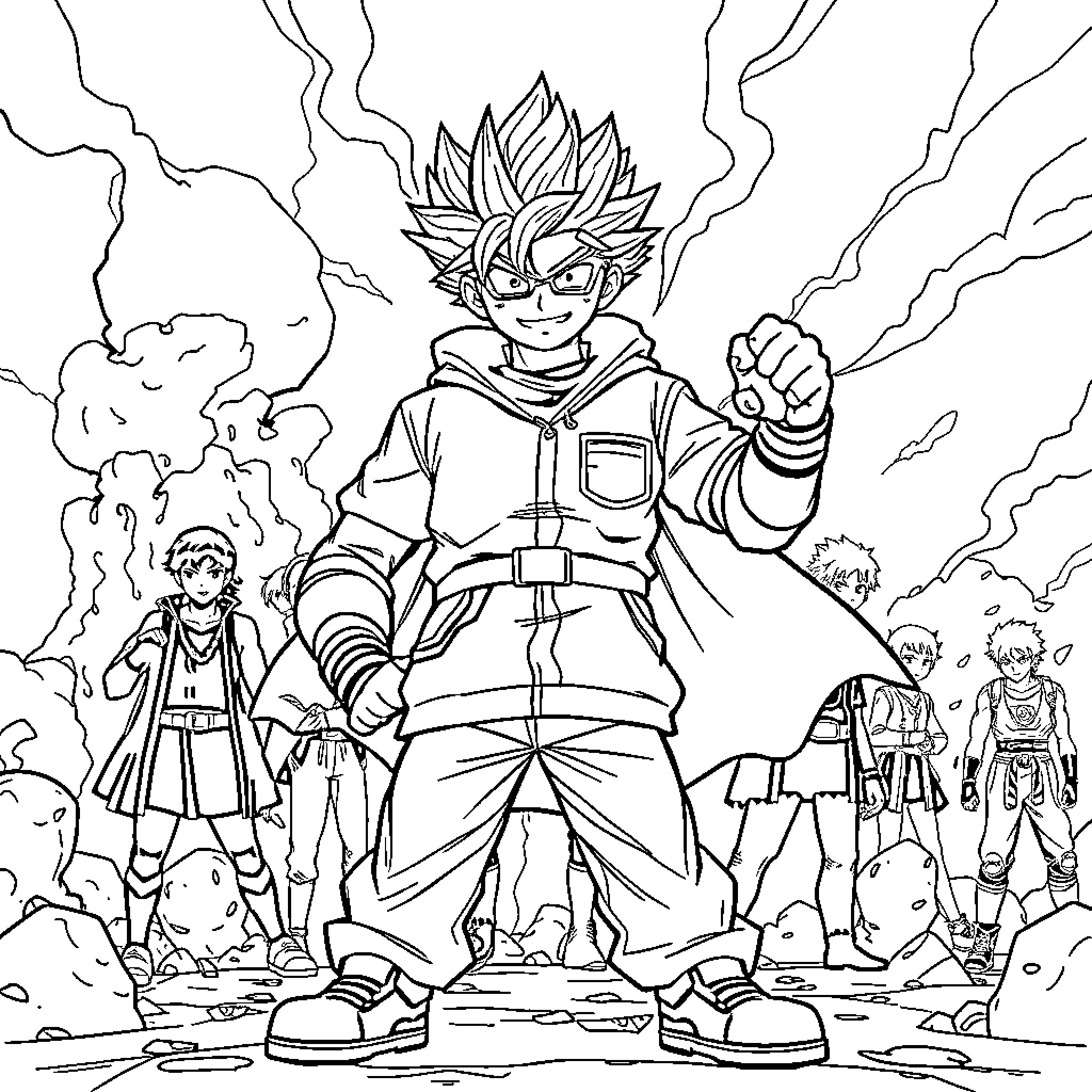Bakugou's Heroic Stance Amidst the Storm Coloring Page (free black-and-white line drawing printable PDF for all, from beginners to advanced learners, including children, teens, adults, and seniors)